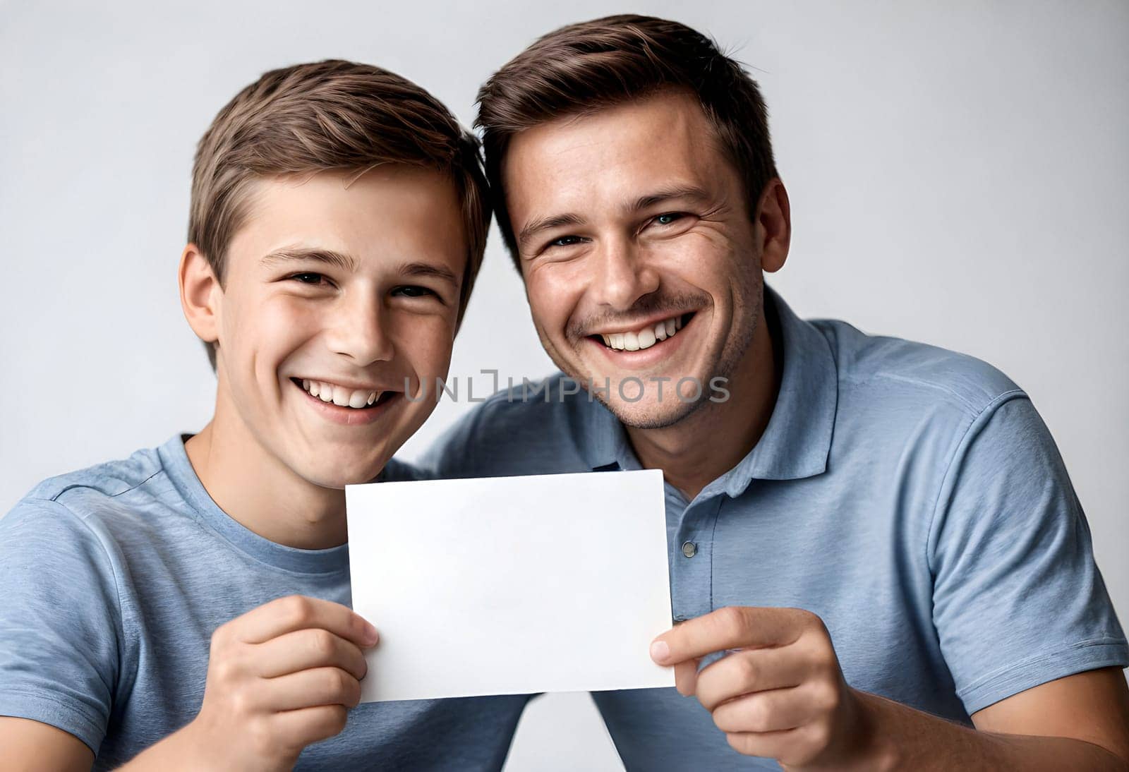 AI generated of two young men holding up a blank card