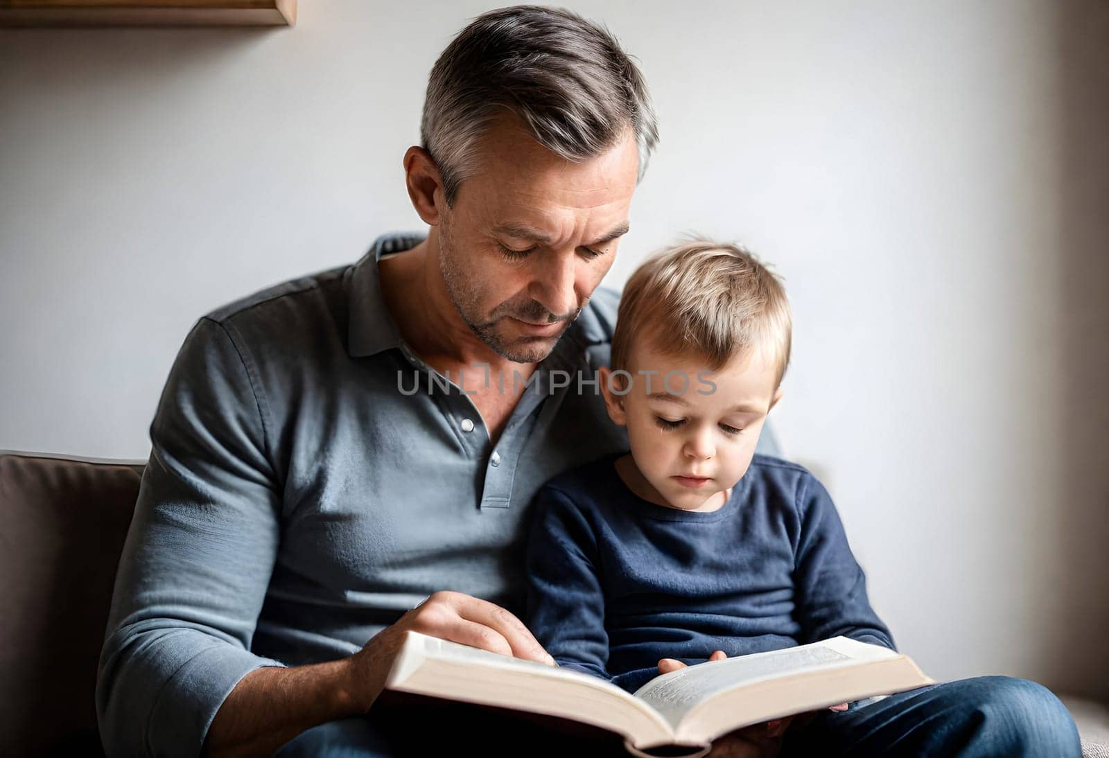 AI generated of a man and a child reading a book together