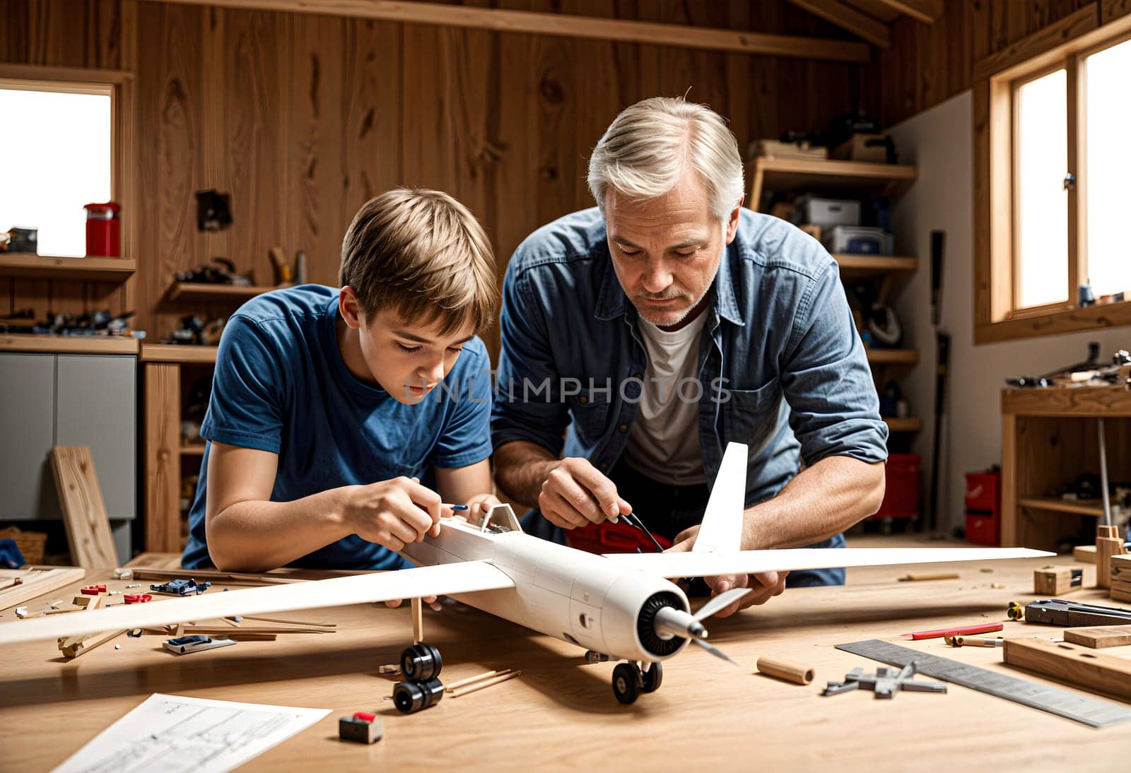 AI generated of a man and boy working on a model airplane