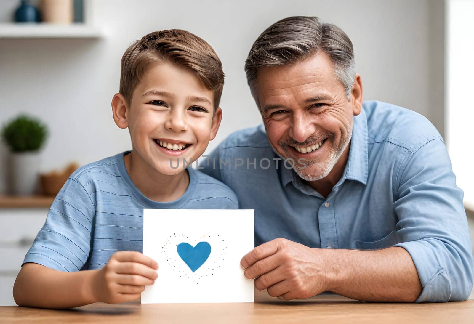AI generated of a man and boy holding up a card with a blue heart