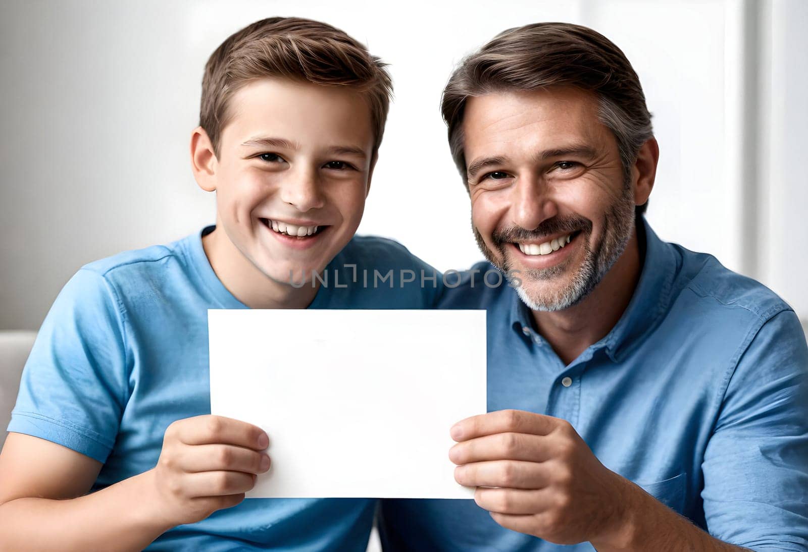 AI generated of a man and boy holding up a blank paper