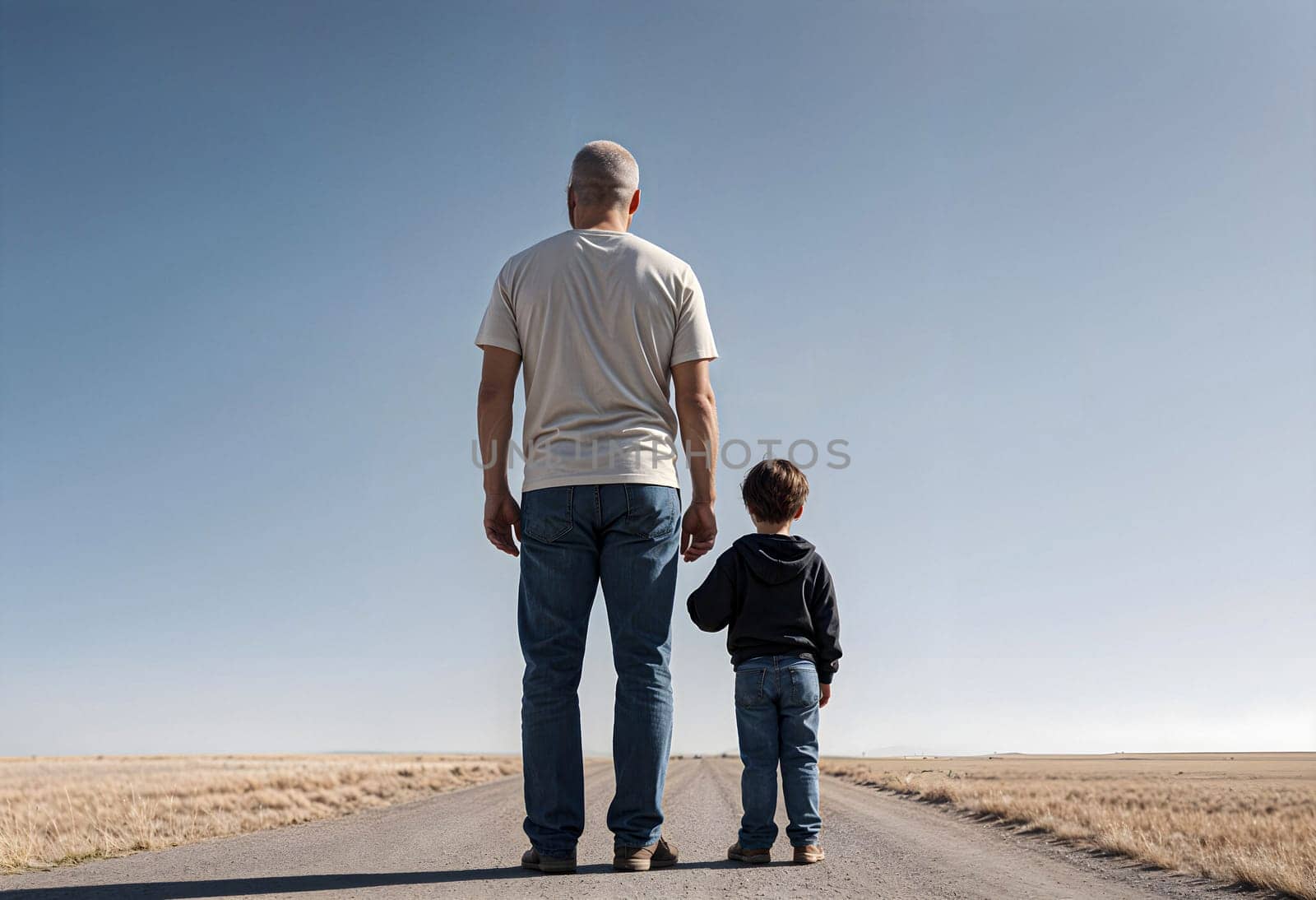 AI generated of a man and a child are standing in the middle of a road.