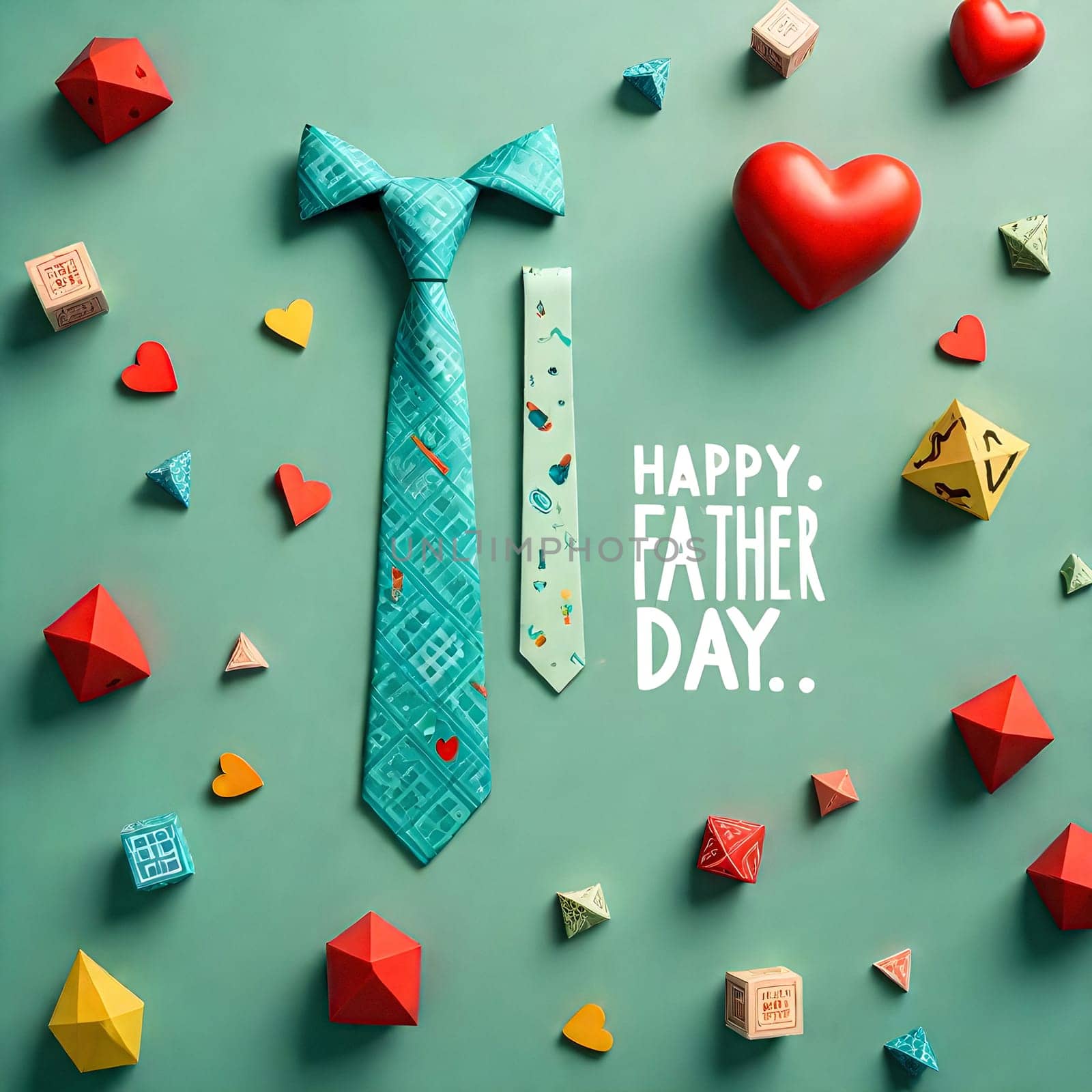 AI generated of happy father's day with colorful tie and heart shaped objects on green background