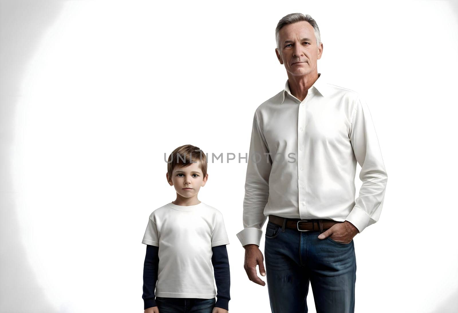 AI generated of a man and a boy stand in front of a white background