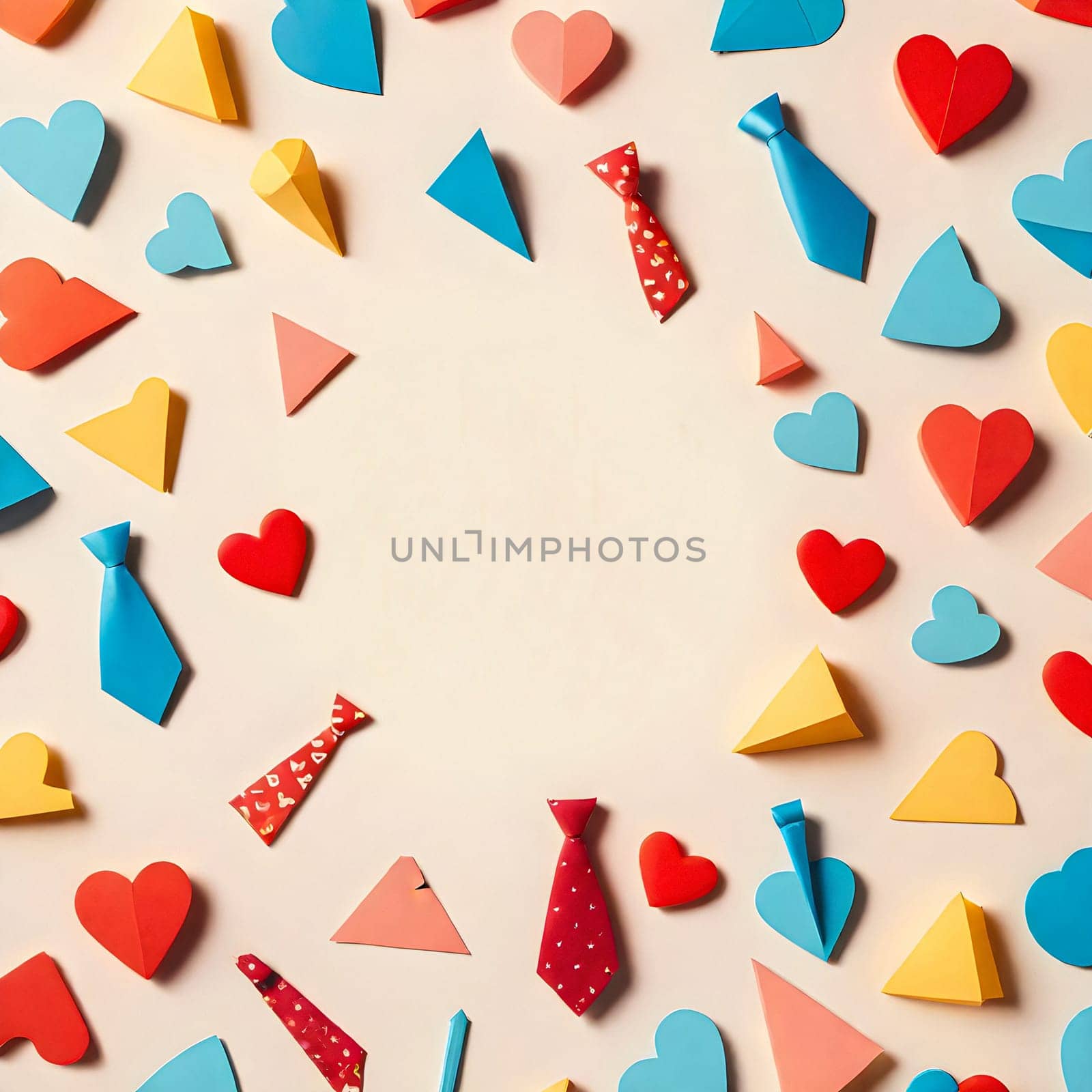 AI generated of colorful paper hearts and ties arranged in a circle