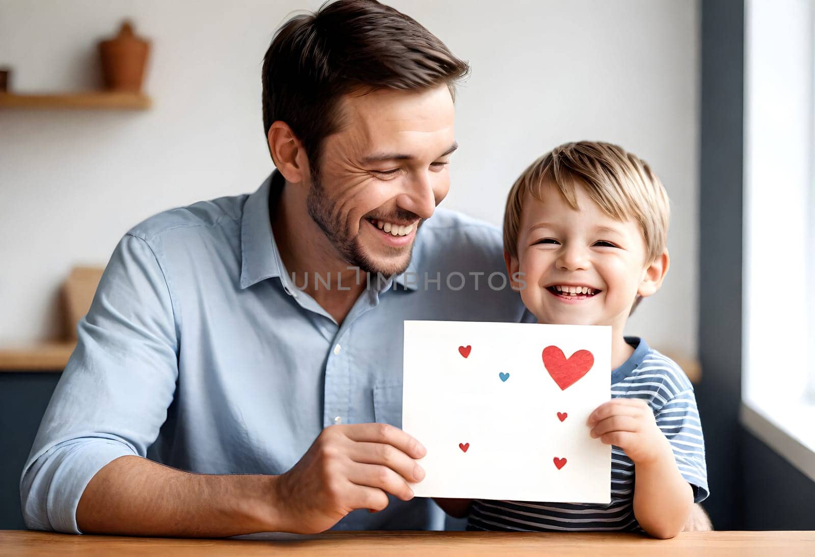 AI generated of a father and son holding a card with hearts on it