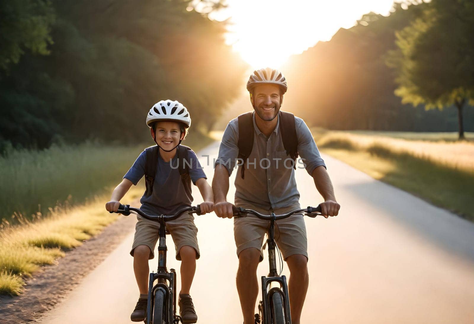 AI generated of a father and son are riding their bikes on a road