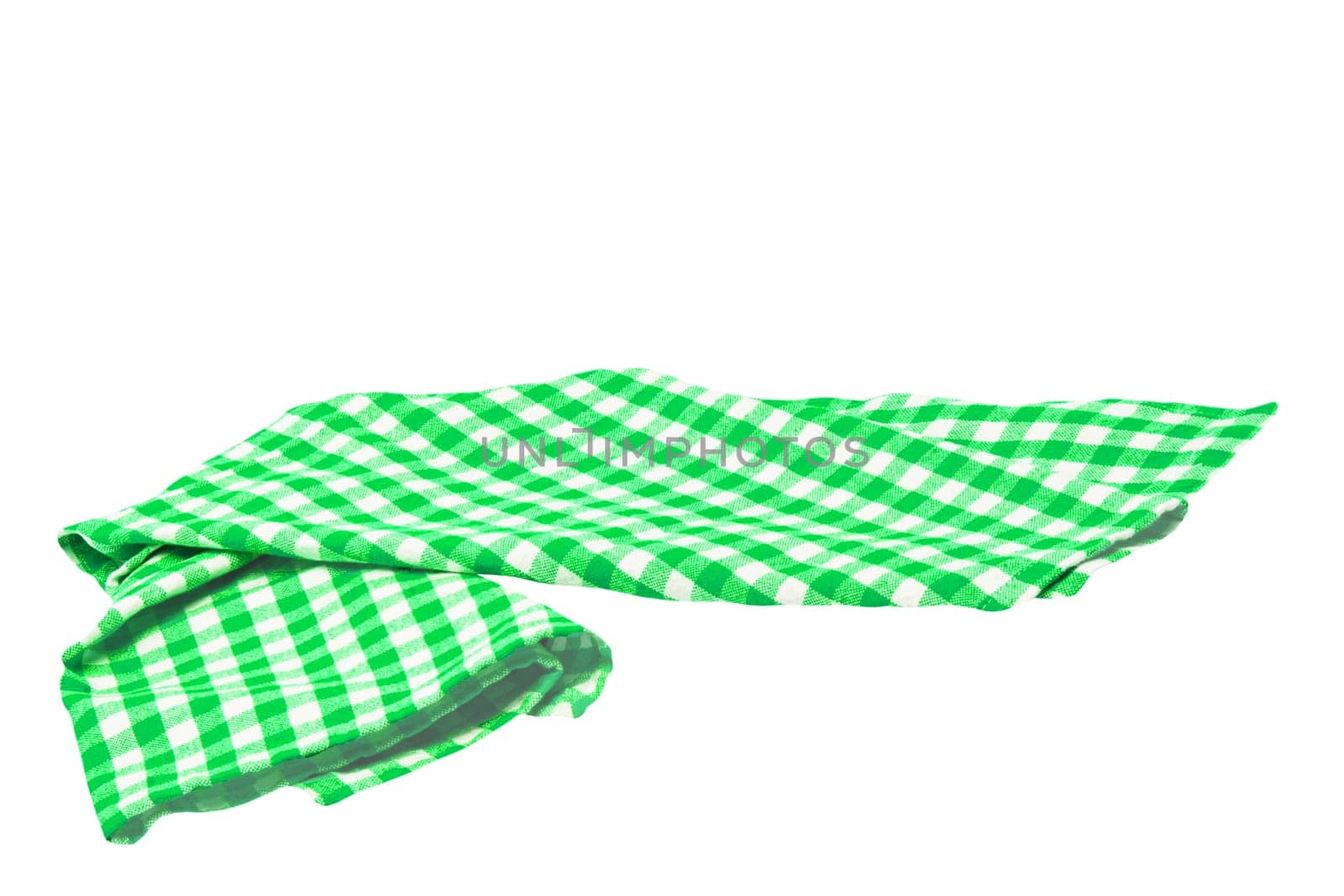 Closeup of a green and white checkered napkin or tablecloth texture isolated on white background. Clipping path. Kitchen accessories. Top view.