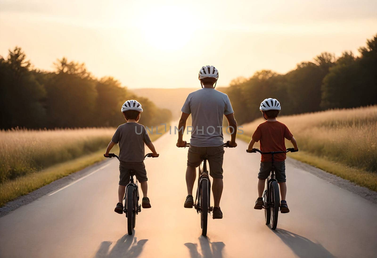 AI generated of a father and son riding bikes on a country road