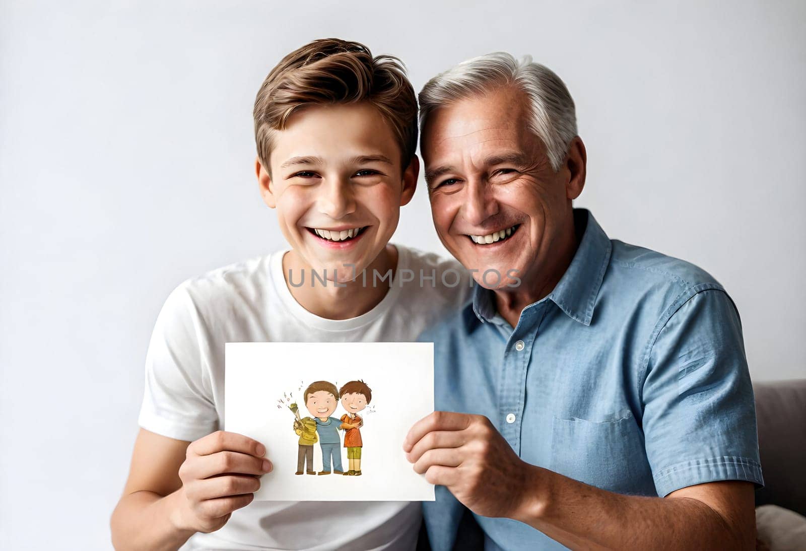 AI generated of a man and boy holding up a picture of a family