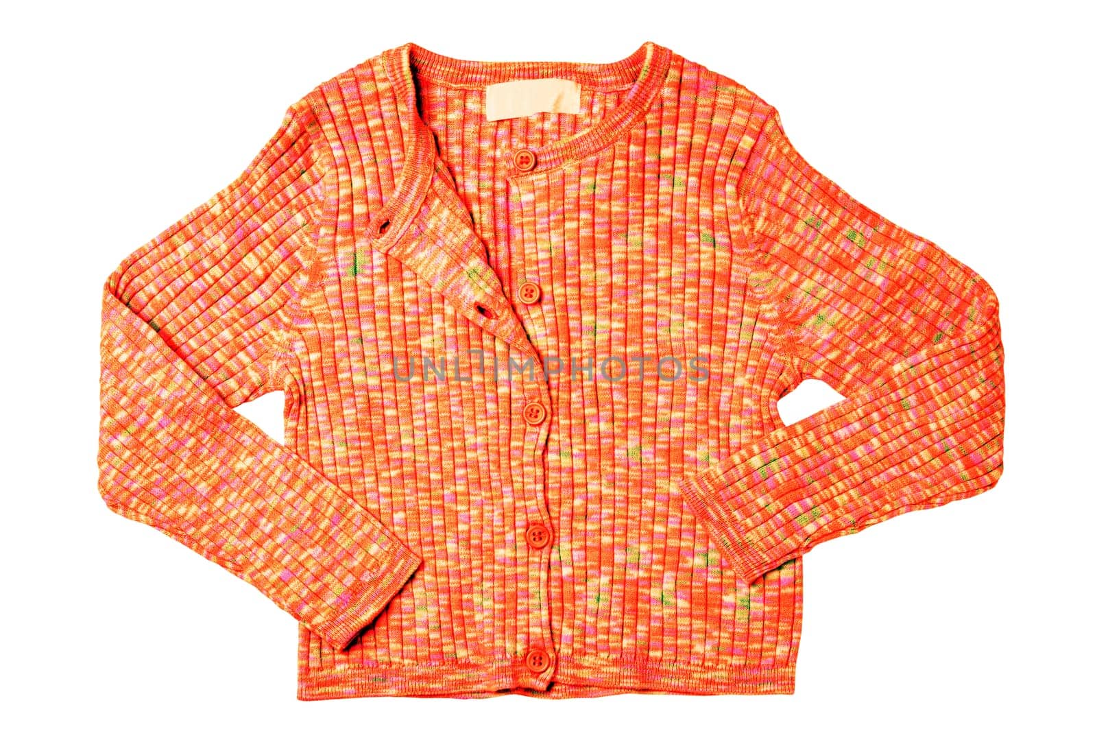 Girls clothes. Multi-colored knitted elegant fluffy cardigan or jumper with v-neck and button closure isolated. Clipping path. Kids and children's fashion.