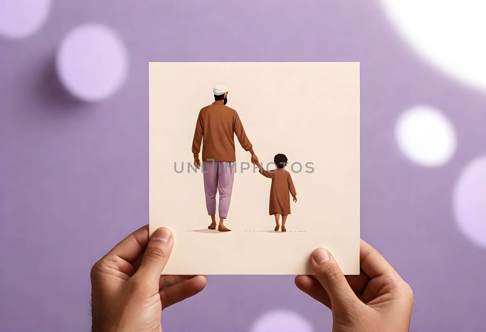 AI generated of a man and a child holding hands on a card that hold by person hands on purple background
