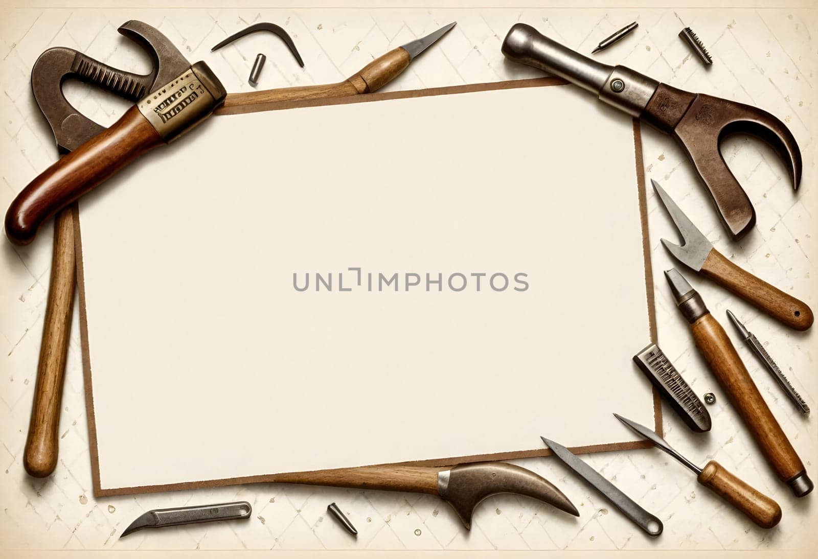 AI generated of a collection of tools including a carpentering tools and a sign that empty on the middle