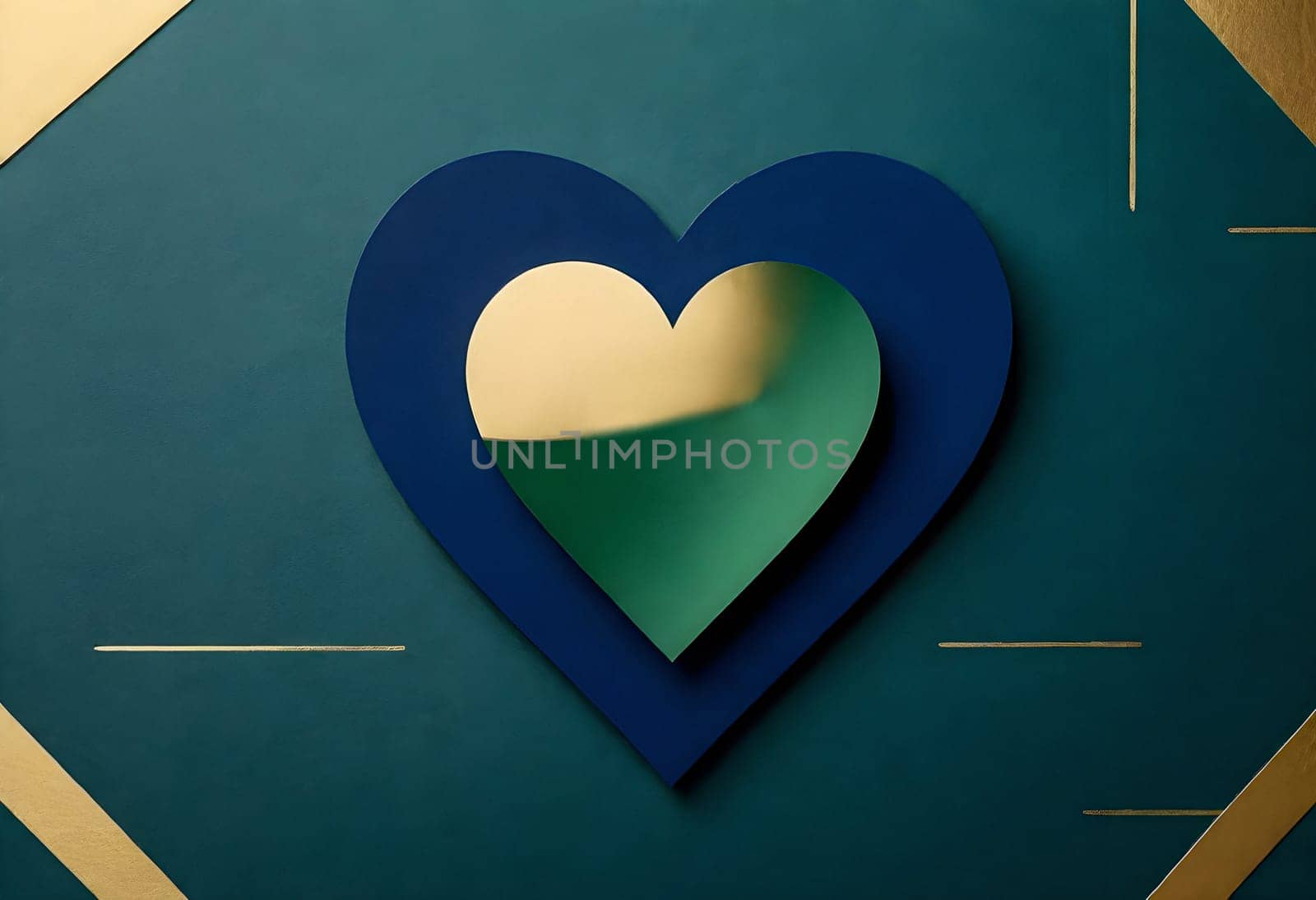 AI generated of a golden heart shaped piece of paper on blue heart shaped on green background