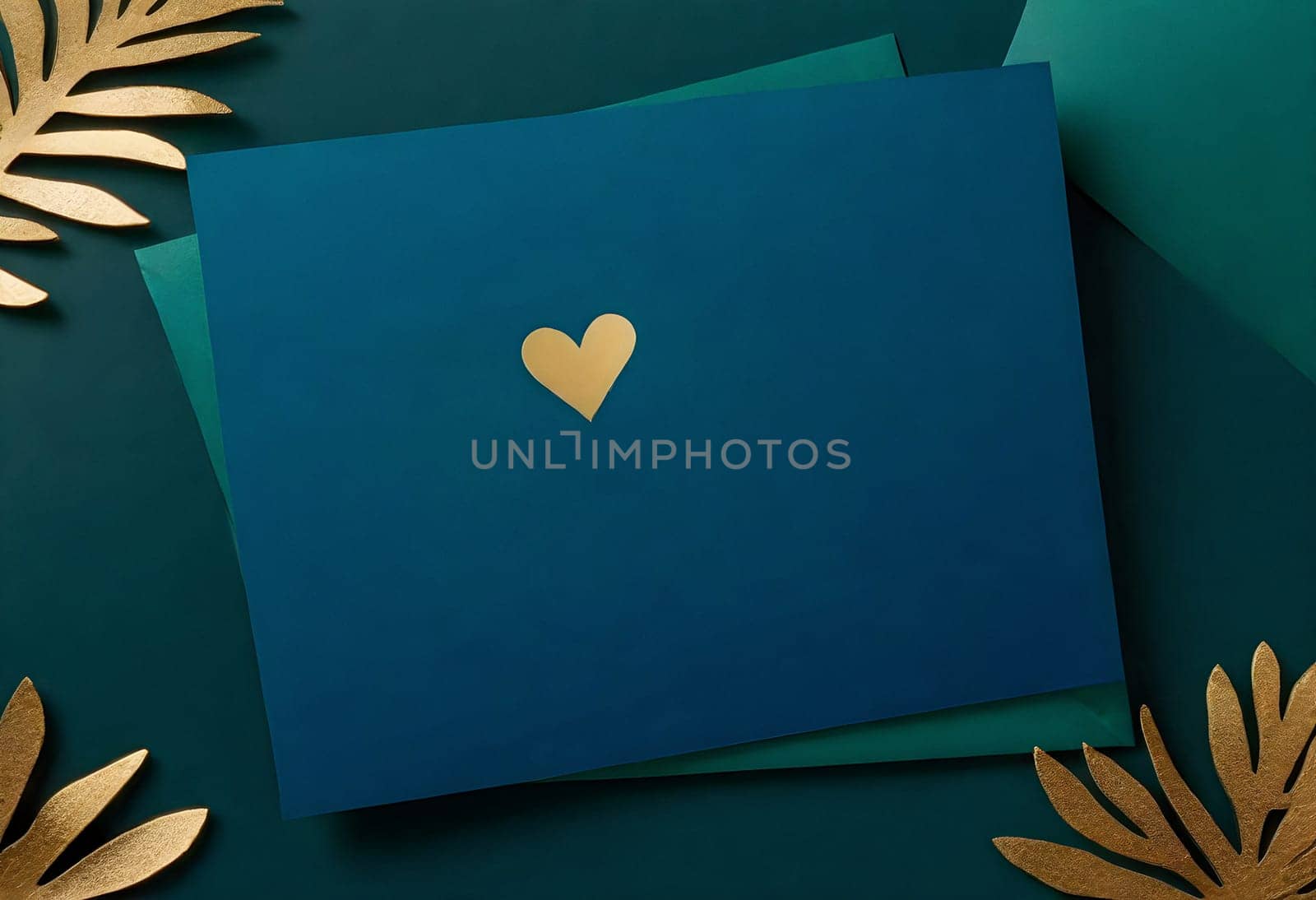 AI generated of a blue envelope with a golden heart on it on dark green background