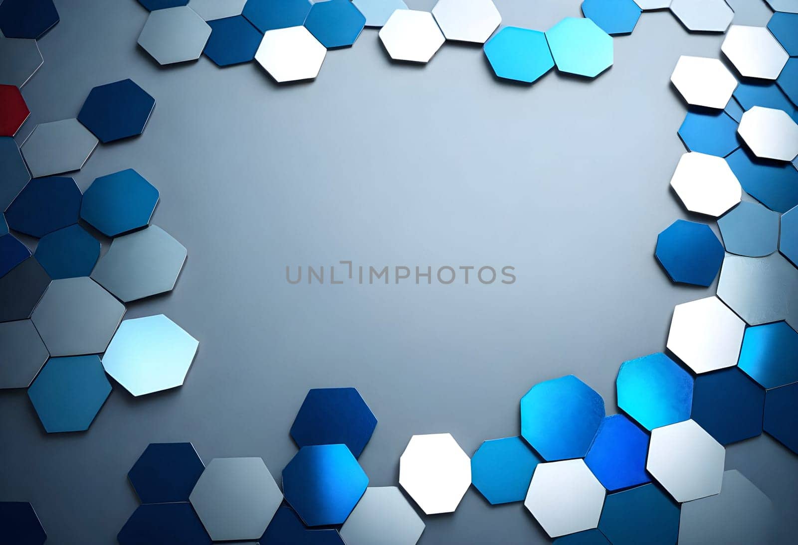 AI generated of a collection of glass and metal objects in hexagonal shape on grey background
