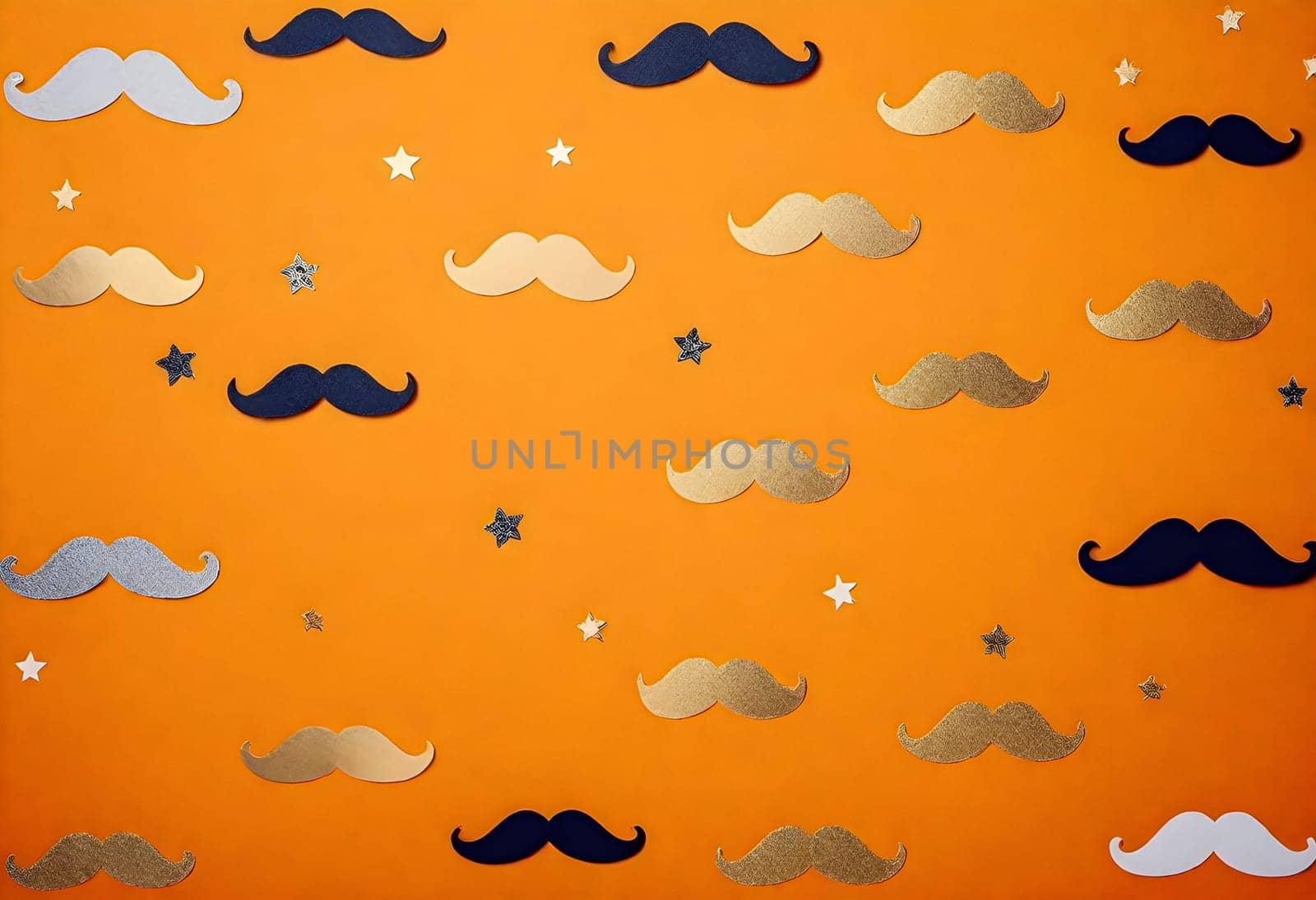 AI generated of a picture of mustaches in black and gold color with stars on an orange background