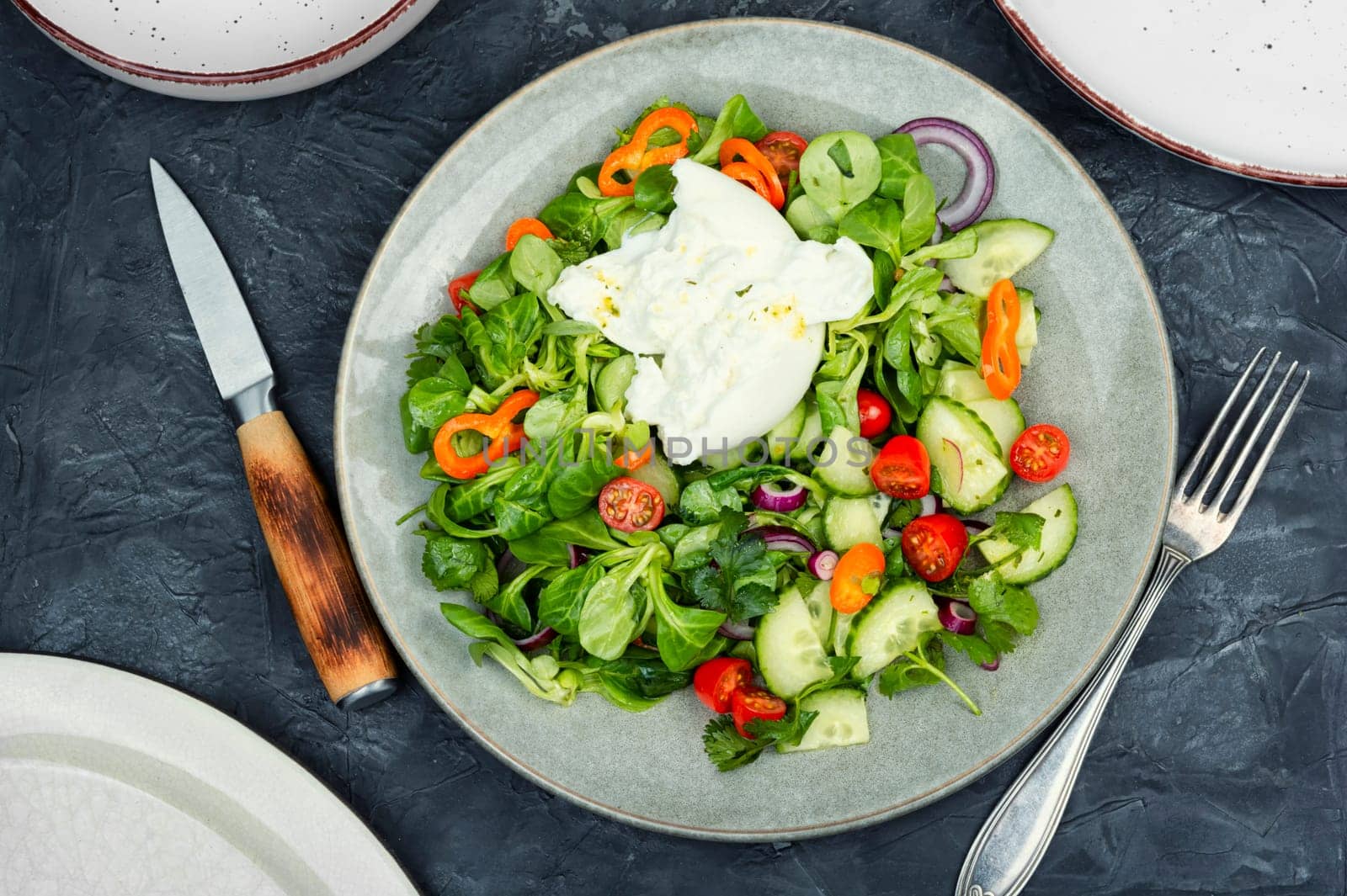 Heathy salad of leafy greens, cherry tomatoes, cucumbers, peppers and Burrata cheese. Close up.