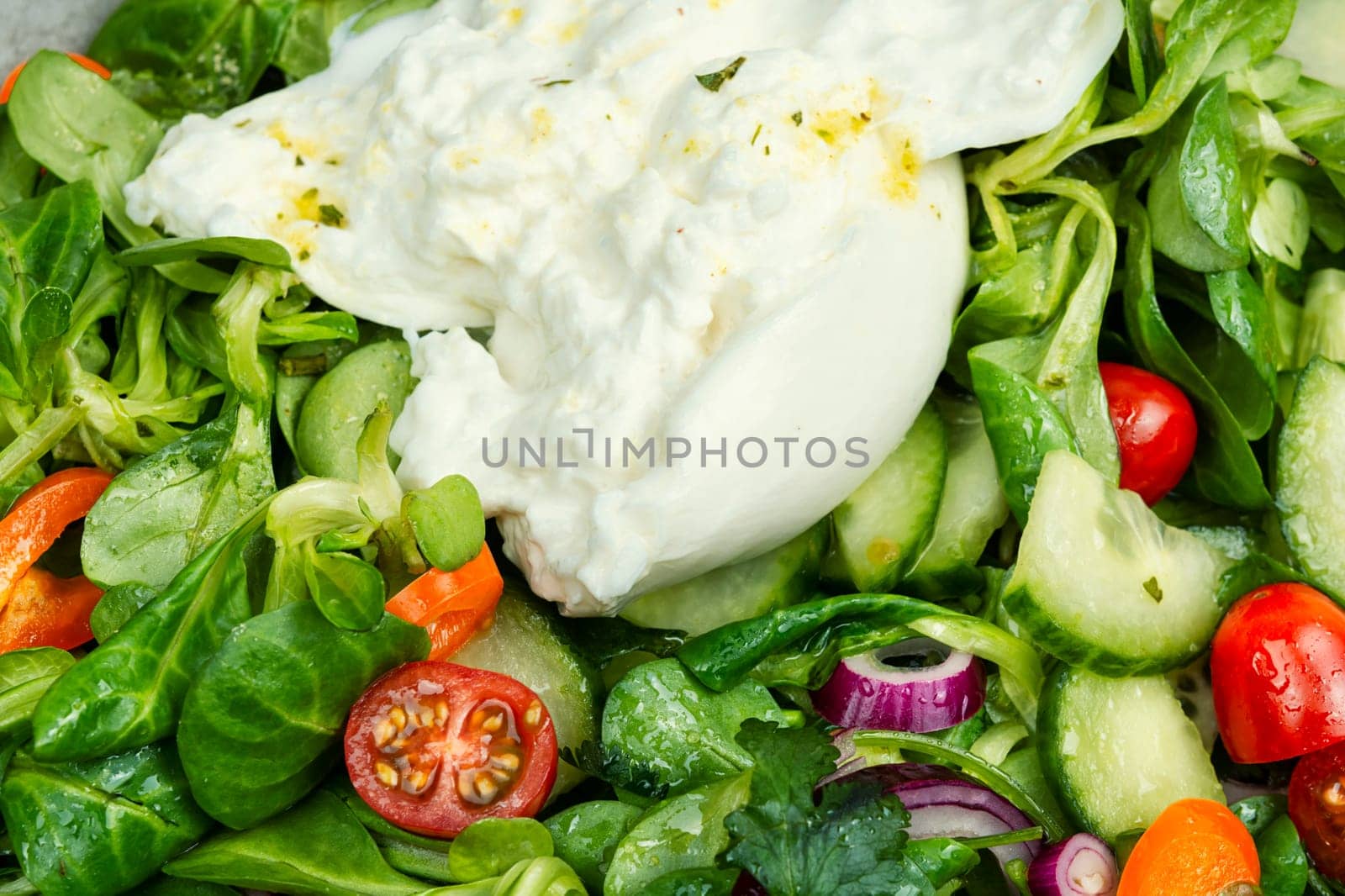 Heathy salad of leafy greens, cherry tomatoes, cucumbers, peppers and Burrata cheese. Close up.