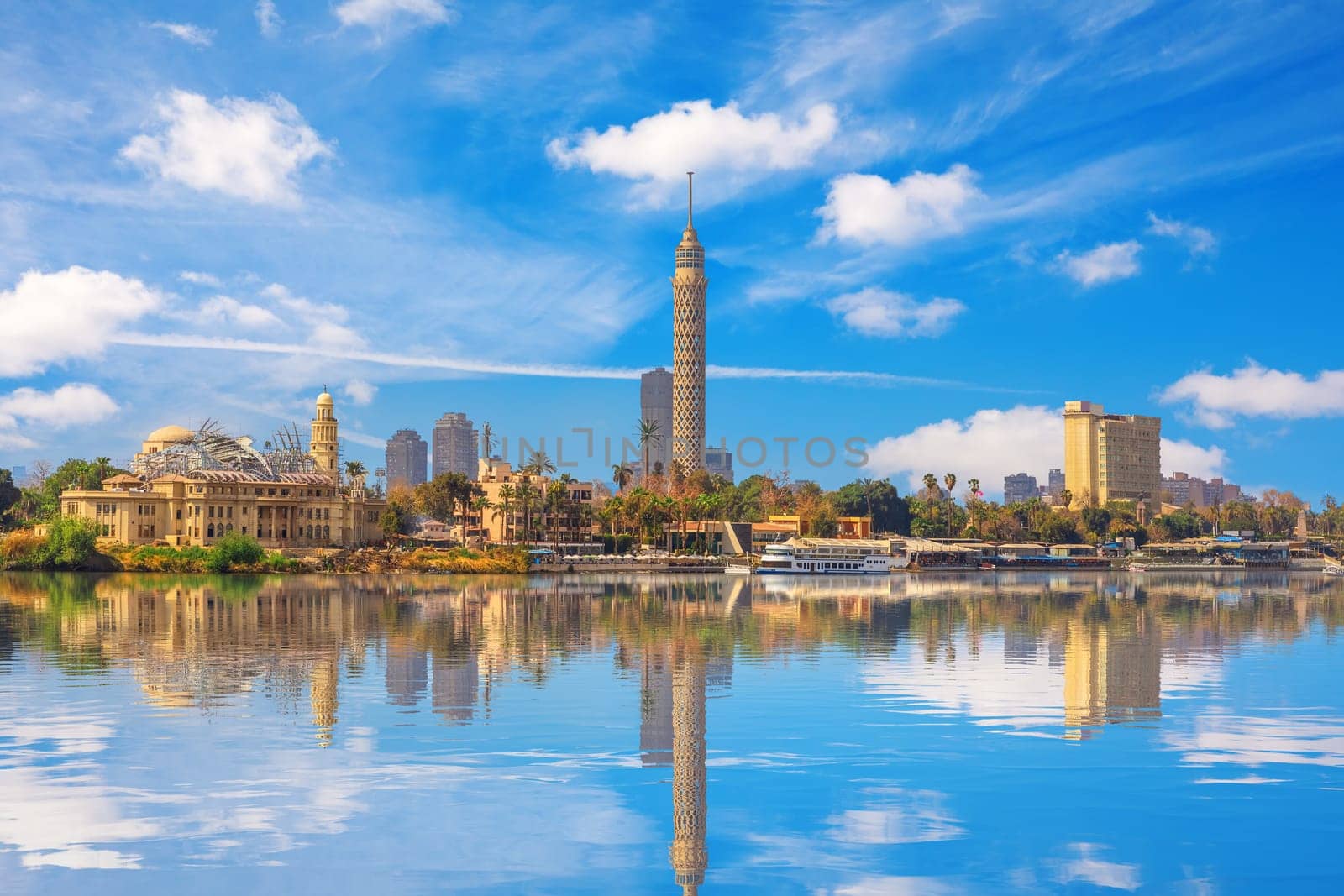 View on the Cairo Tower at cloudy day, Gezira island in the Nile, Egypt.