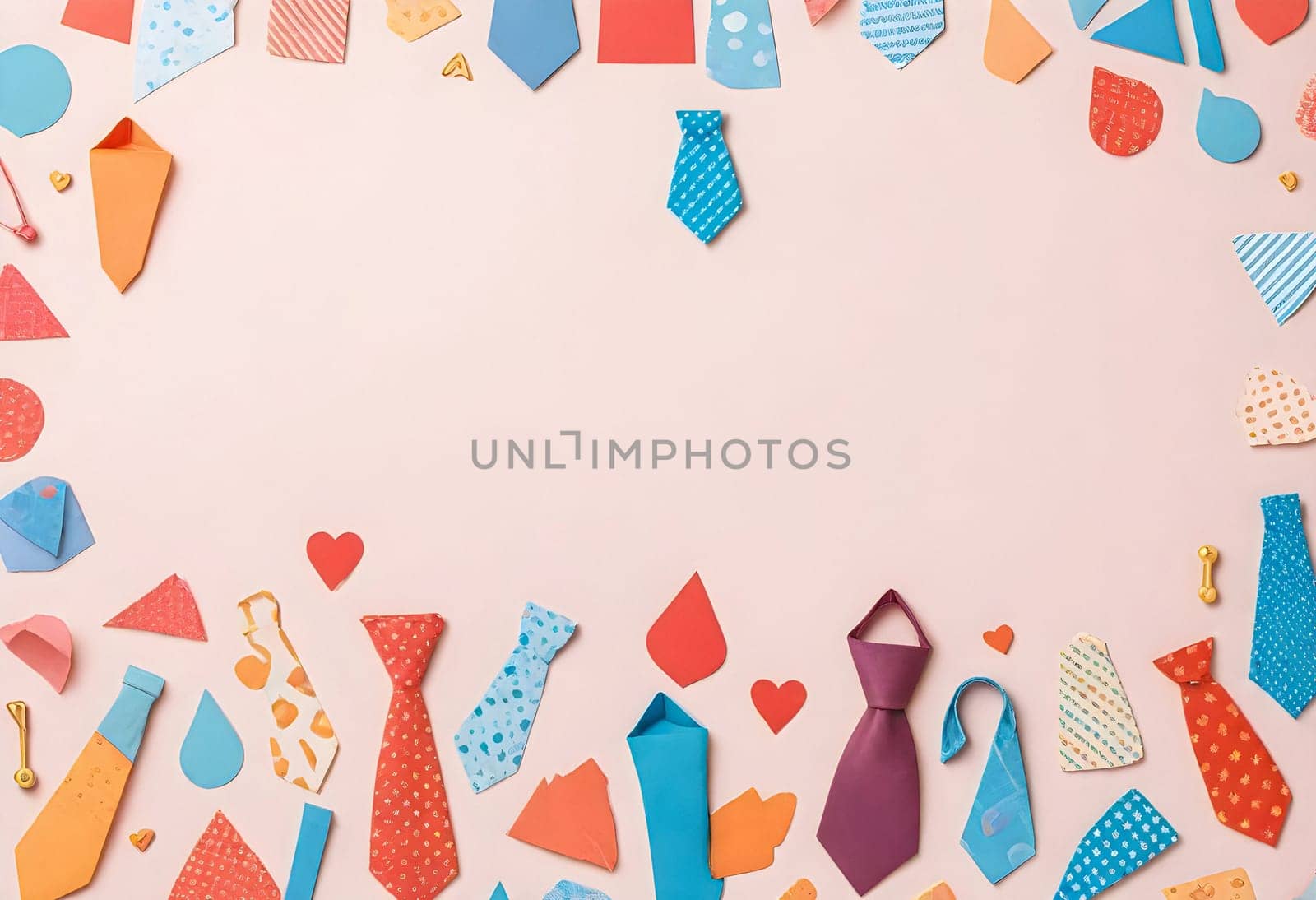 AI generated of a colorful collection of ties and other accessories on a pink background