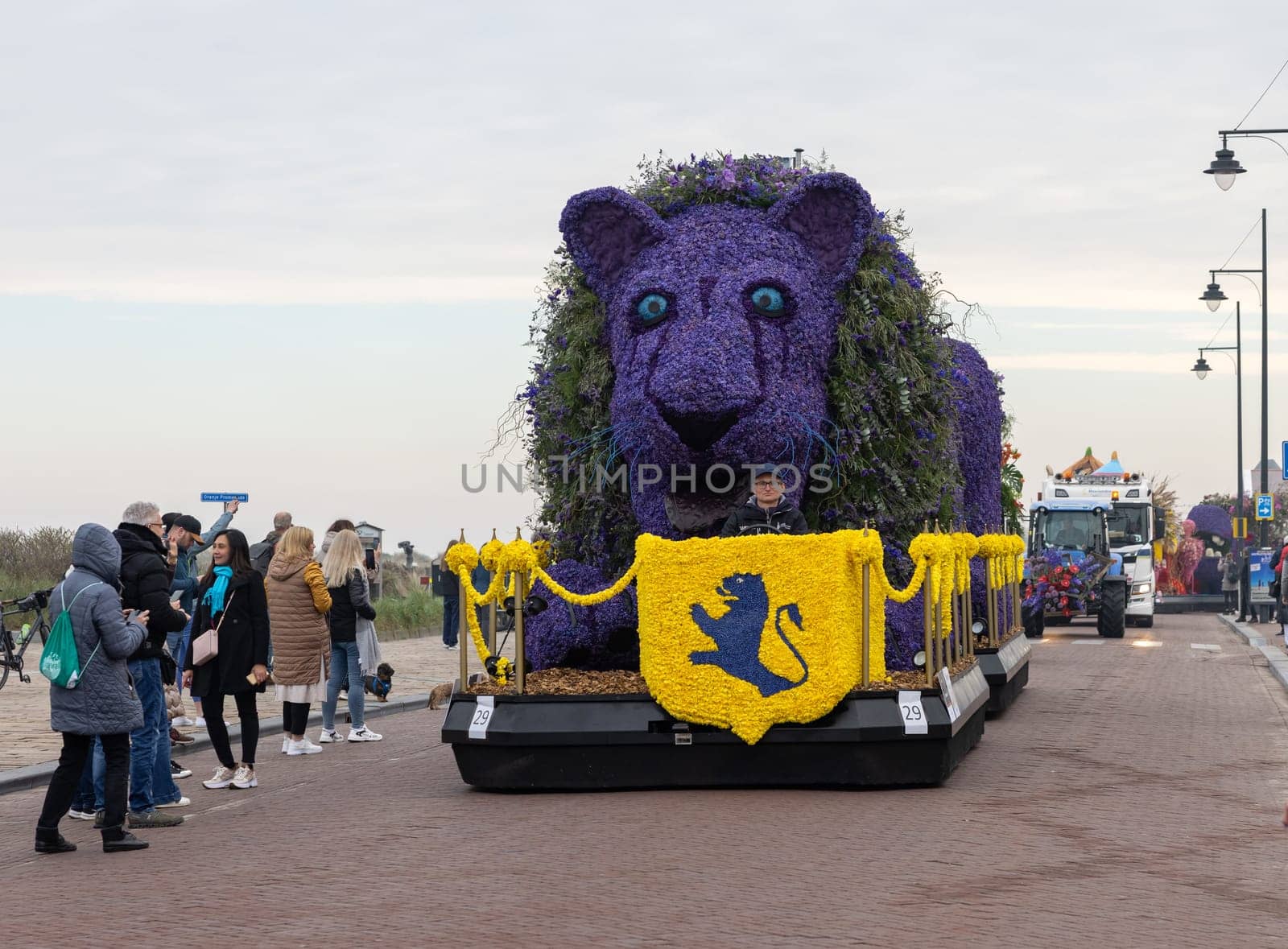 Noordwijk, Netherlands - April 22, 2023: Spectacular flower covered floats in the Bloemencorso Bollenstreek the annual spring flower parade from Noordwijk to Haarlem in the Netherlands.
