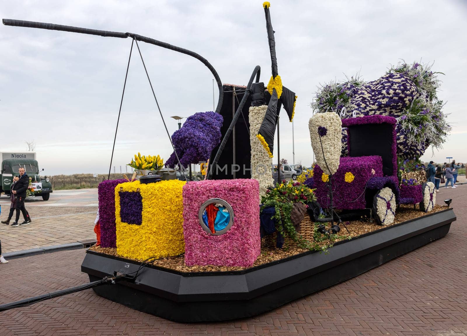 Noordwijk, Netherlands - April 22, 2023: Spectacular flower covered floats in the Bloemencorso Bollenstreek the annual spring flower parade from Noordwijk to Haarlem in the Netherlands.