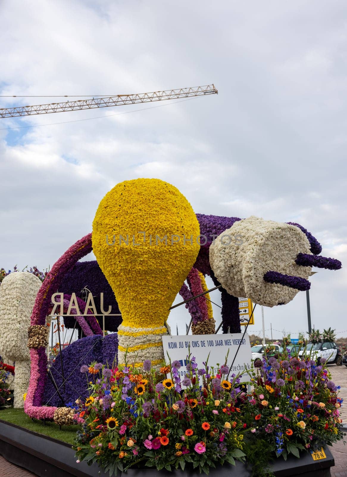 Noordwijk, Netherlands - April 22, 2023: Spectacular flower covered floats in the Bloemencorso Bollenstreek the annual spring flower parade from Noordwijk to Haarlem in the Netherlands.