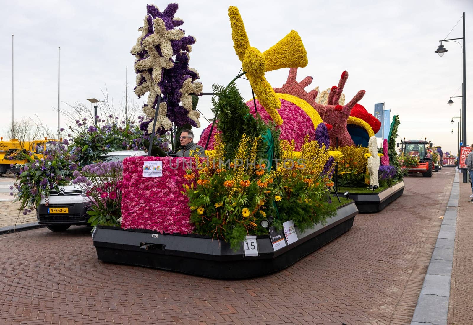 Noordwijk, Netherlands - April 22, 2023: Spectacular flower covered floats in the Bloemencorso Bollenstreek the annual spring flower parade from Noordwijk to Haarlem in the Netherlands.