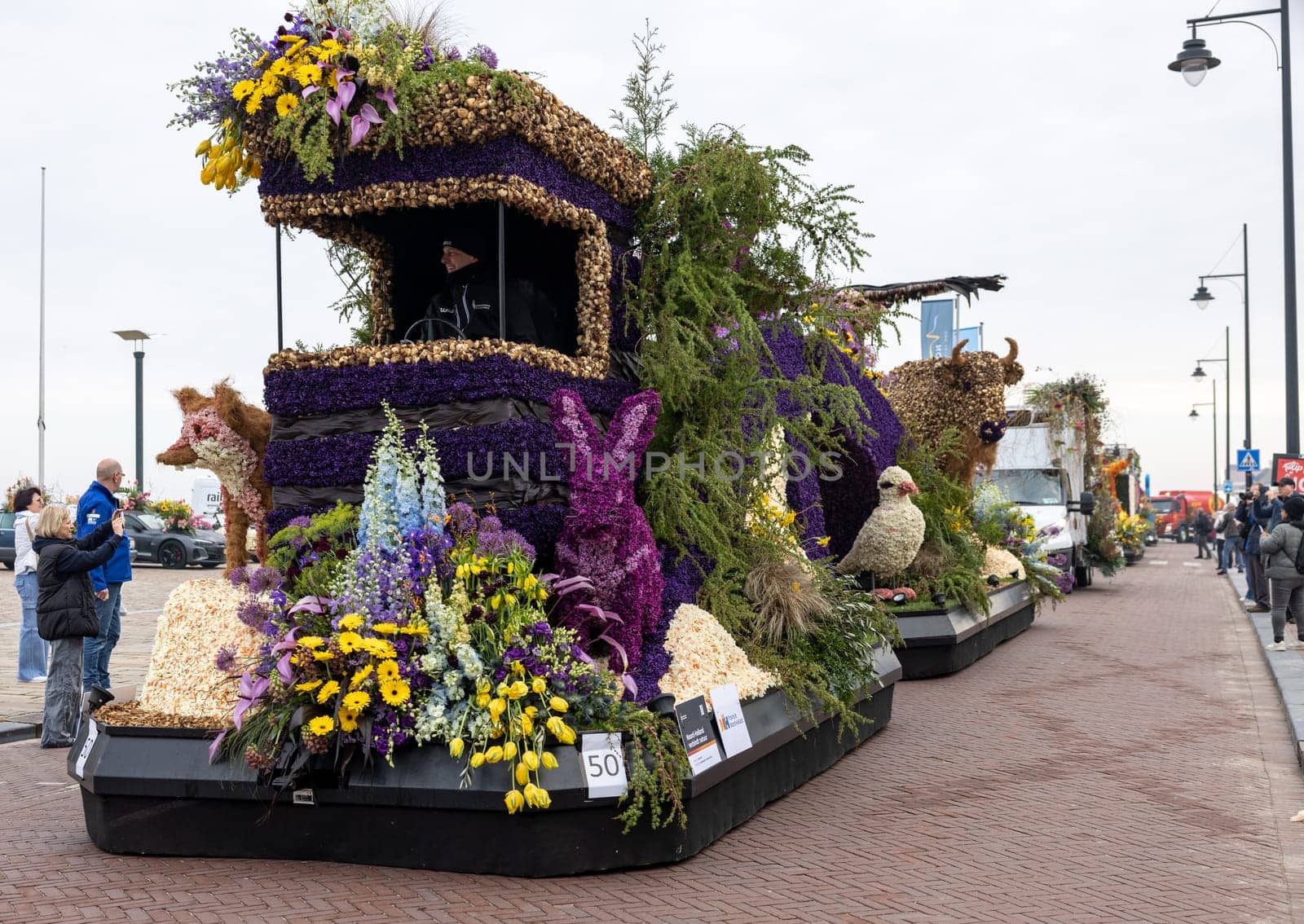 Noordwijk, Netherlands - April 22, 2023: Spectacular flower covered floats in the Bloemencorso Bollenstreek the annual spring flower parade from Noordwijk to Haarlem in the Netherlands.