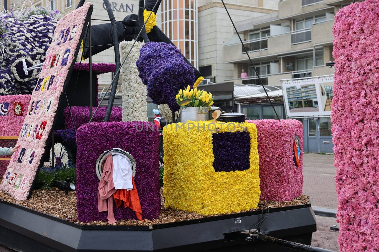 Noordwijk, Netherlands - April 22, 2023: Spectacular flower covered floats in the Bloemencorso Bollenstreek the annual spring flower parade from Noordwijk to Haarlem in the Netherlands.