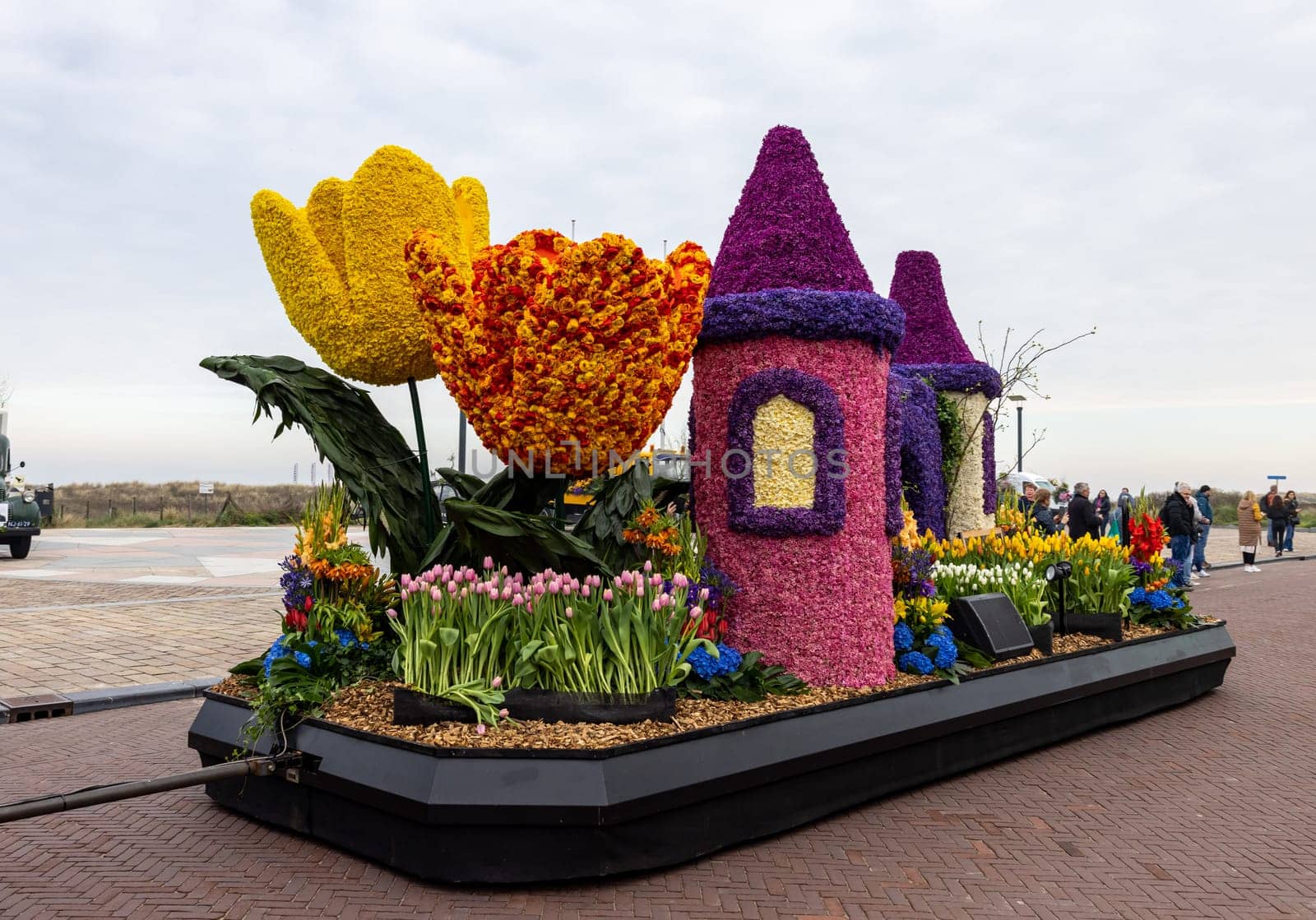 Noordwijk, Netherlands - April 22, 2023: Spectacular flower covered floats in the Bloemencorso Bollenstreek the annual spring flower parade from Noordwijk to Haarlem in the Netherlands.