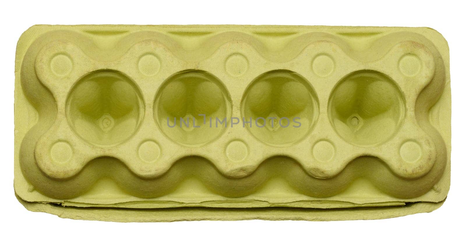 Green recycled egg carton box on isolated background, storage. Top view