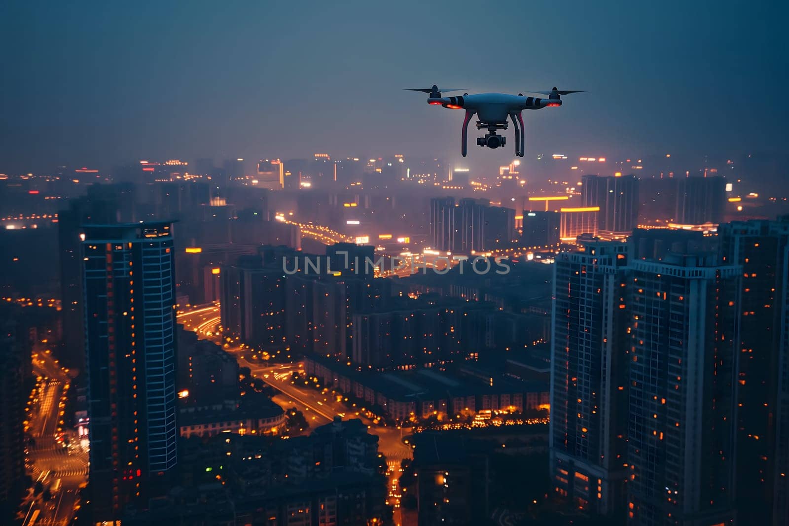 Drone above the city at summer night. Neural network generated image. Not based on any actual scene or pattern.