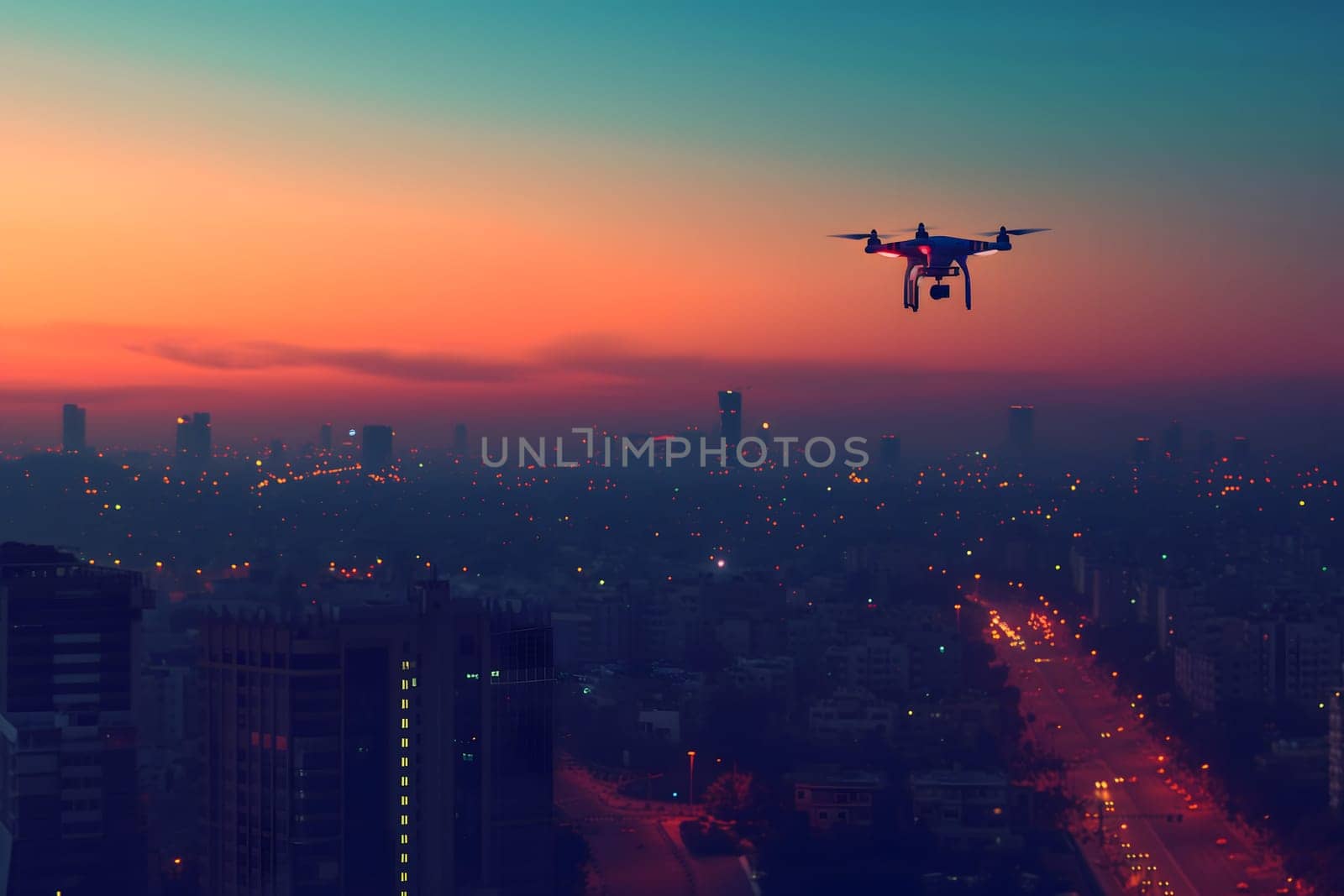 one drone over city at summer sunrise. Neural network generated image. Not based on any actual scene or pattern.