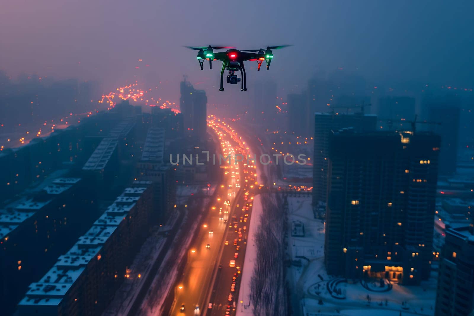 Flying drone above the city at snowy winter night. Neural network generated image. Not based on any actual scene or pattern.