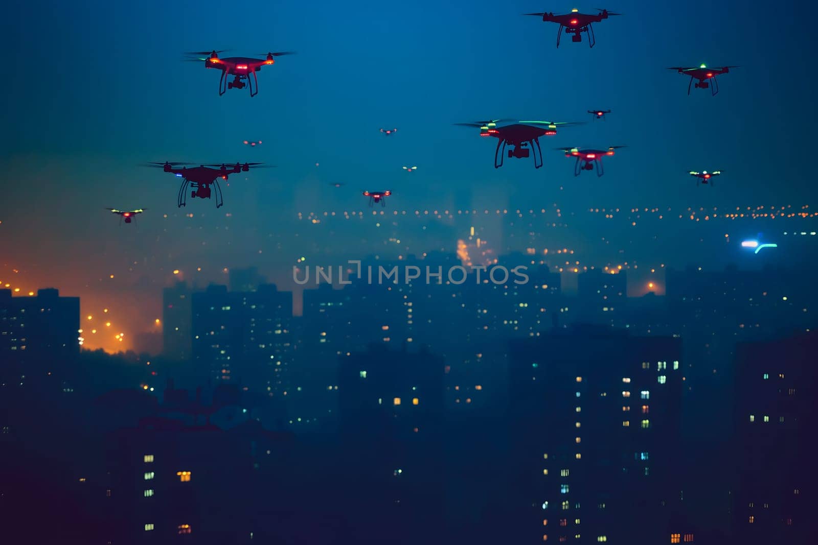 Group of drones over city at summer morning. Neural network generated image. Not based on any actual scene or pattern.