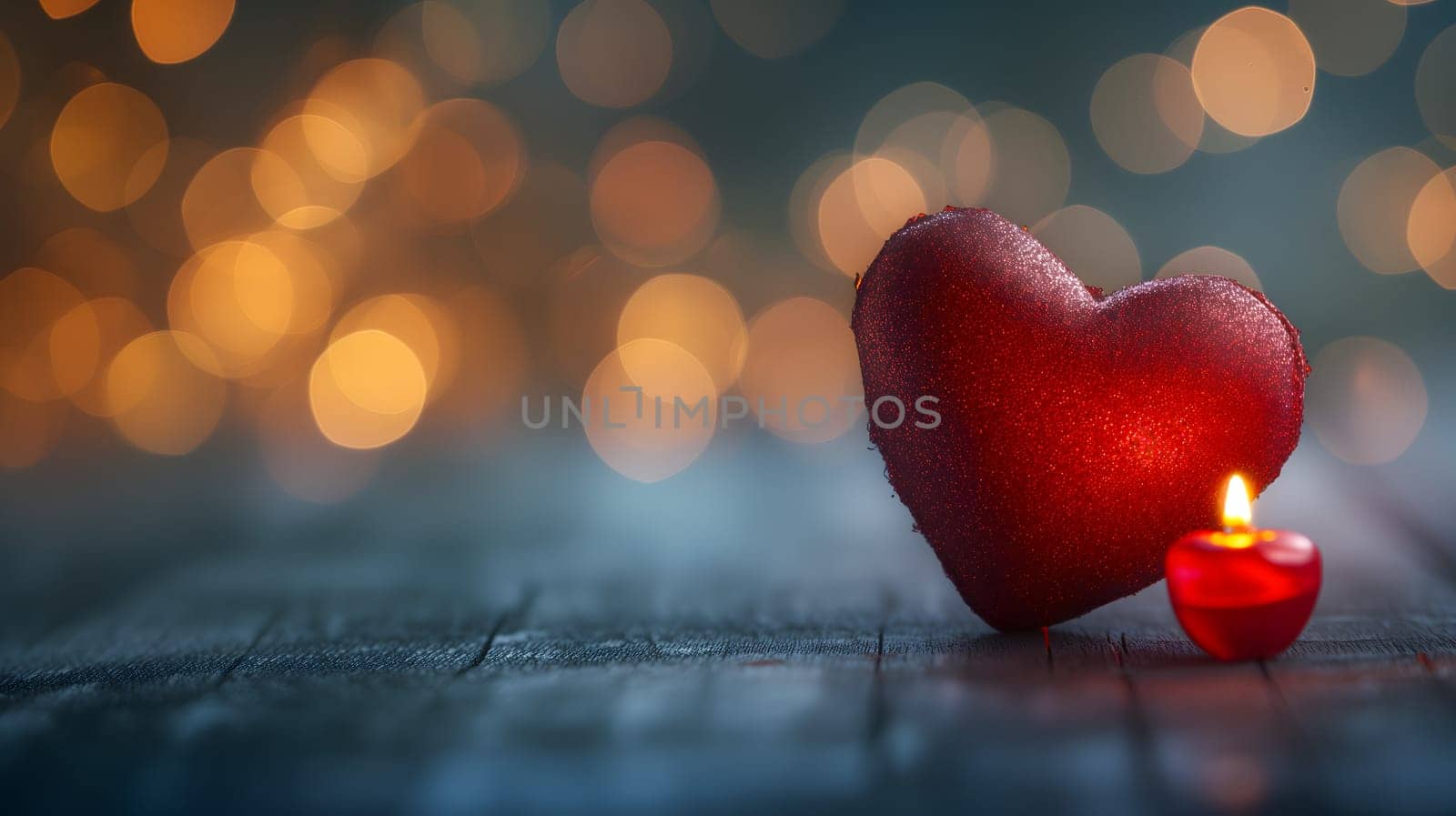 Red heart on table with selective focus and bokeh background for valentine day greeting card. Neural network generated image. Not based on any actual person or scene.