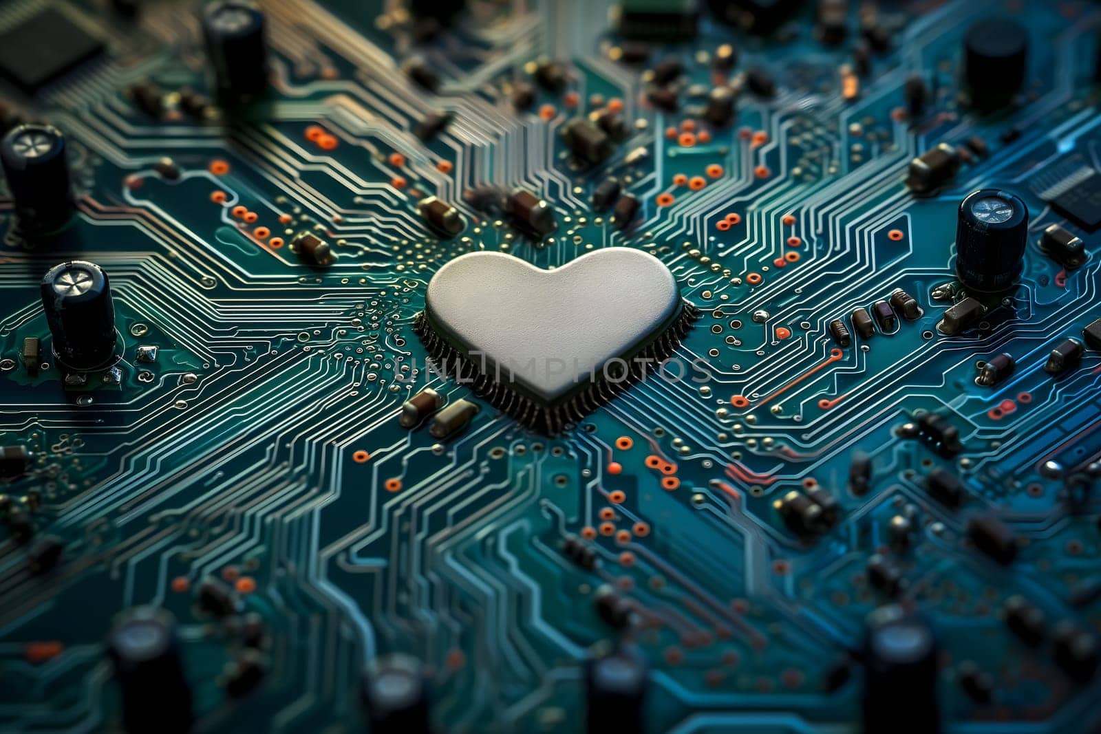 Heart-shaped microchip on green circuit board. Neural network generated image. Not based on any actual person or scene.