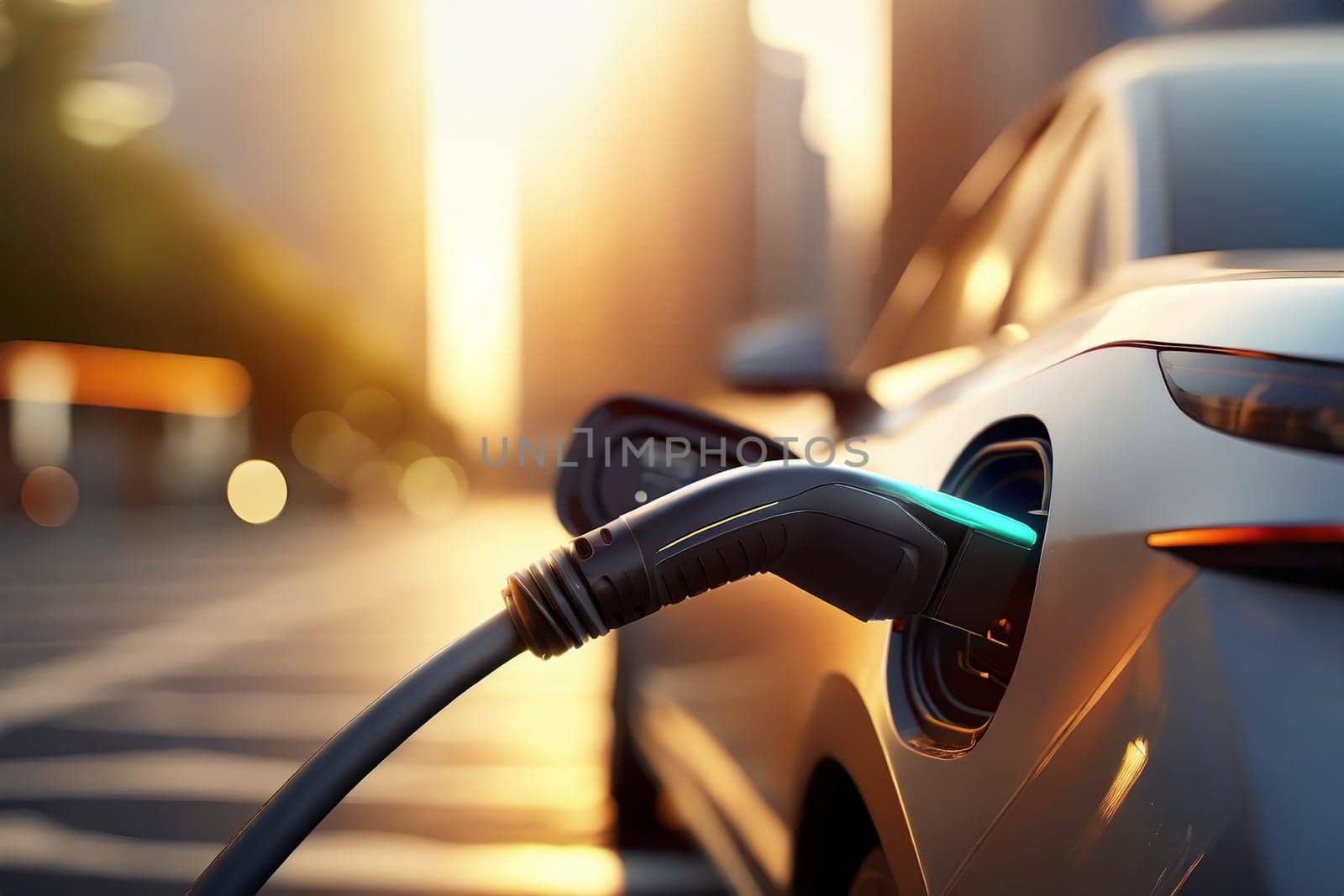 Charging an electric car with the power supply plugged into the socket, AI generated