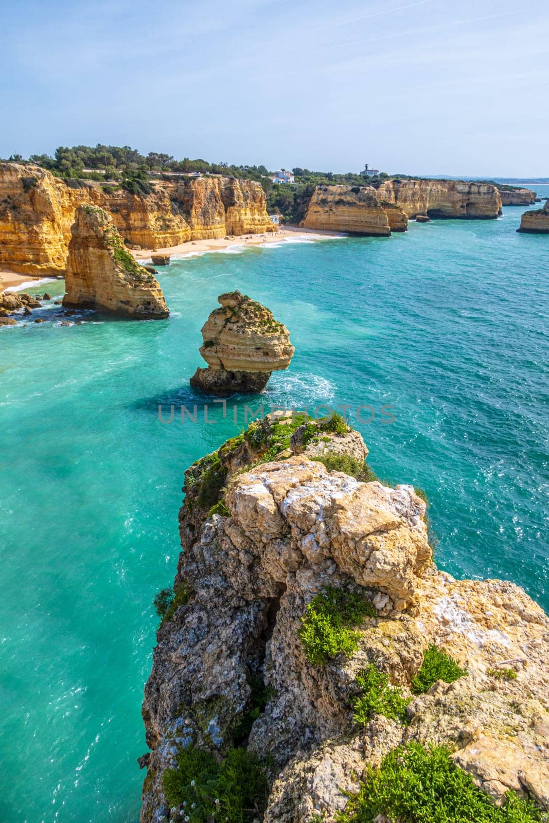 Vertical photography of spectacular cliffs near Marinha beach and Benagil in Algarve, Portugal