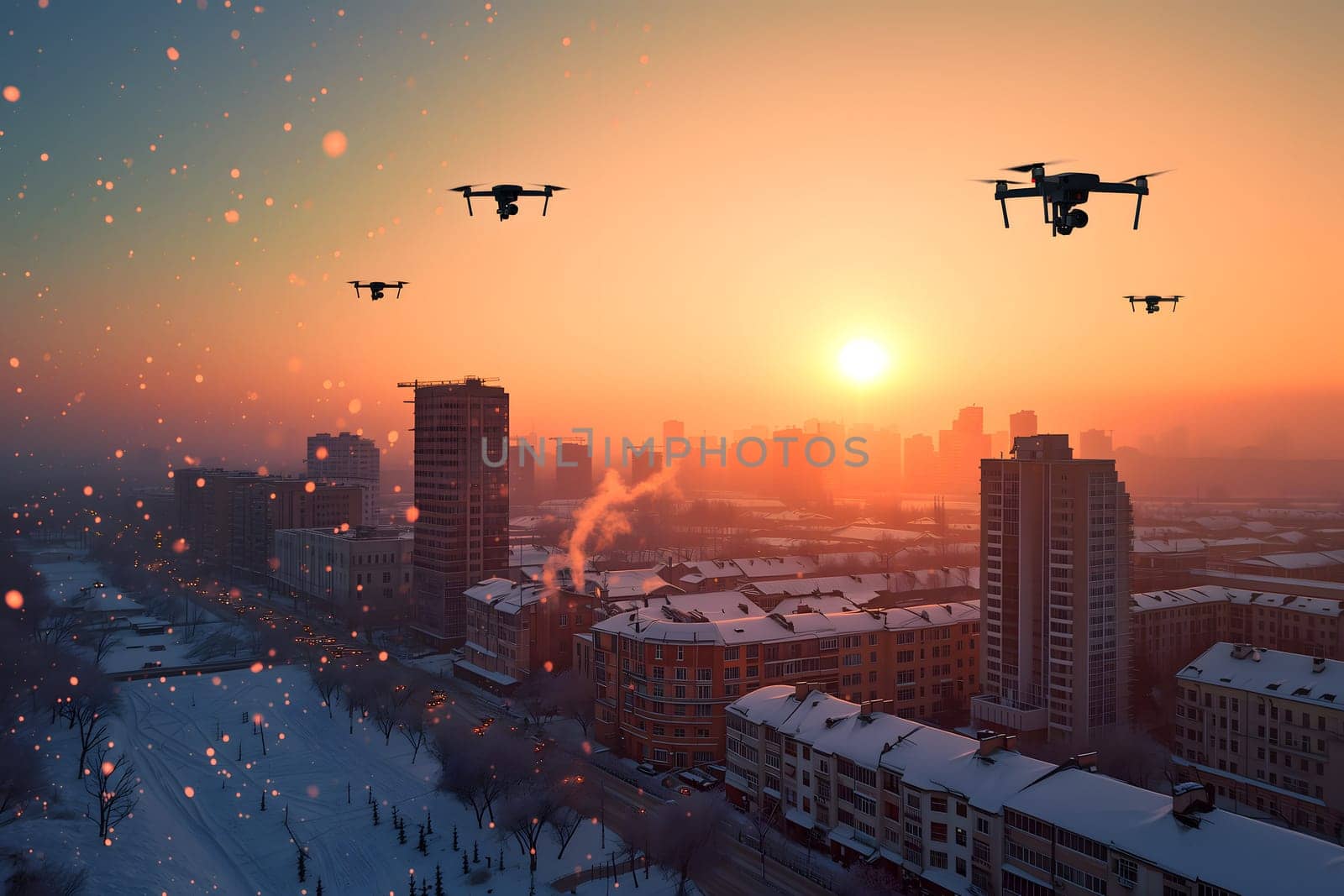 group of drones over city at winter sunset or sunrise. Neural network generated image. Not based on any actual scene or pattern.
