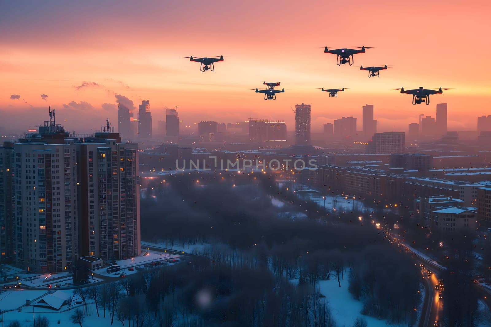group of drones over city at winter sunset or sunrise. Neural network generated image. Not based on any actual scene or pattern.
