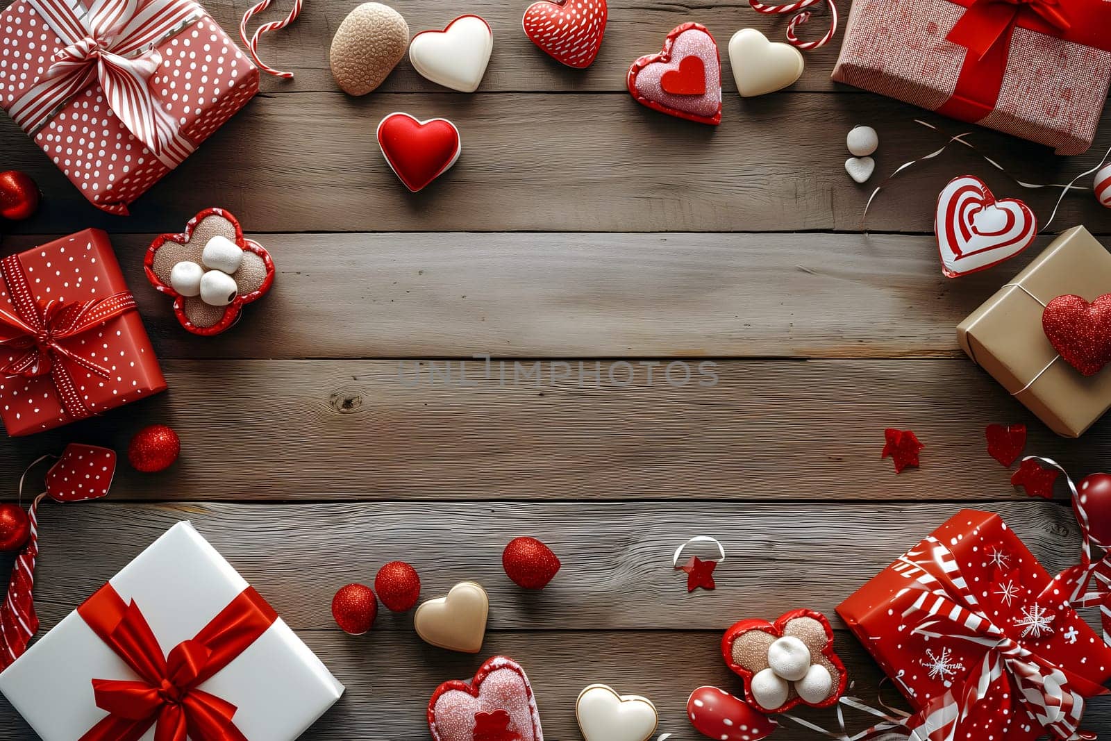 Top view Valentines Day or birthday party layout with red decor. Neural network generated image. Not based on any actual person or scene.