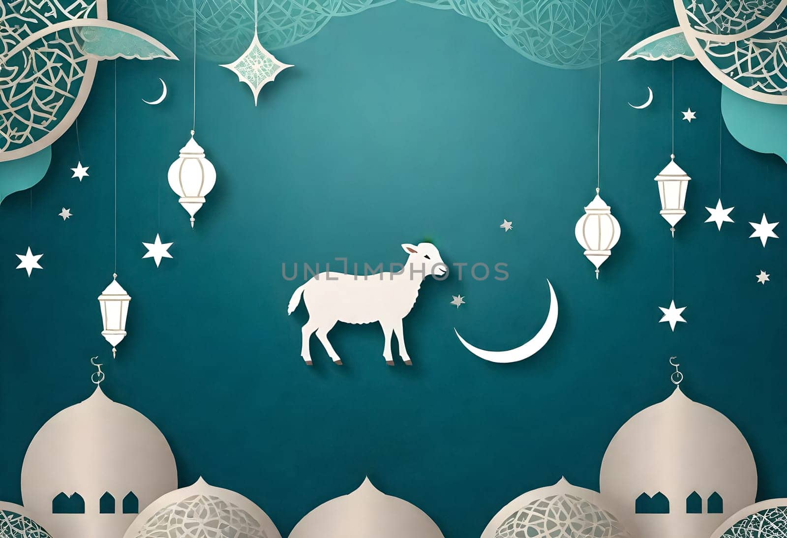AI generated of a wall with a goat, lanterns and the moon on it