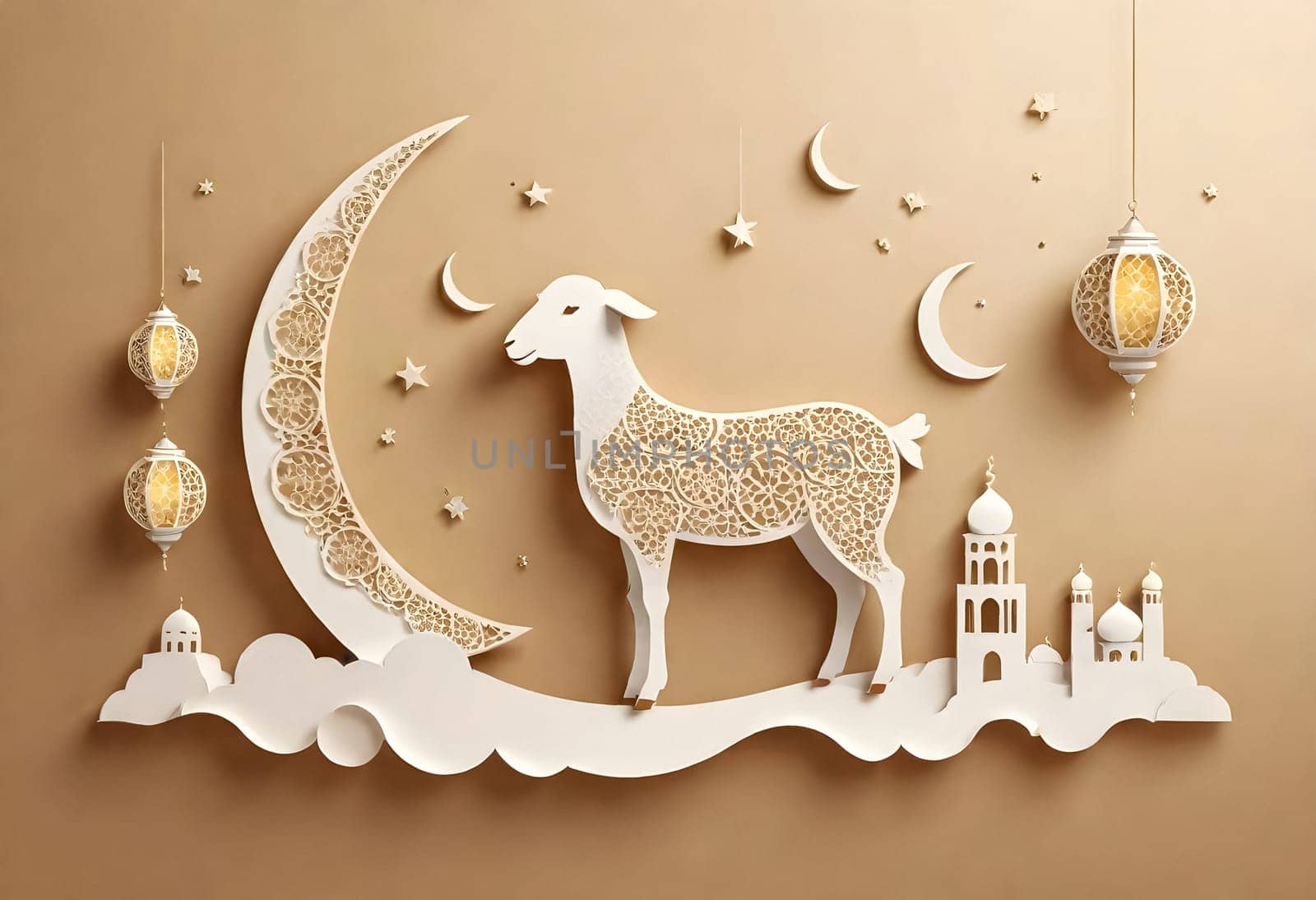 AI generated of a lamb and a mosque are decorated with the crescent moons, stars, and lanterns on the wall