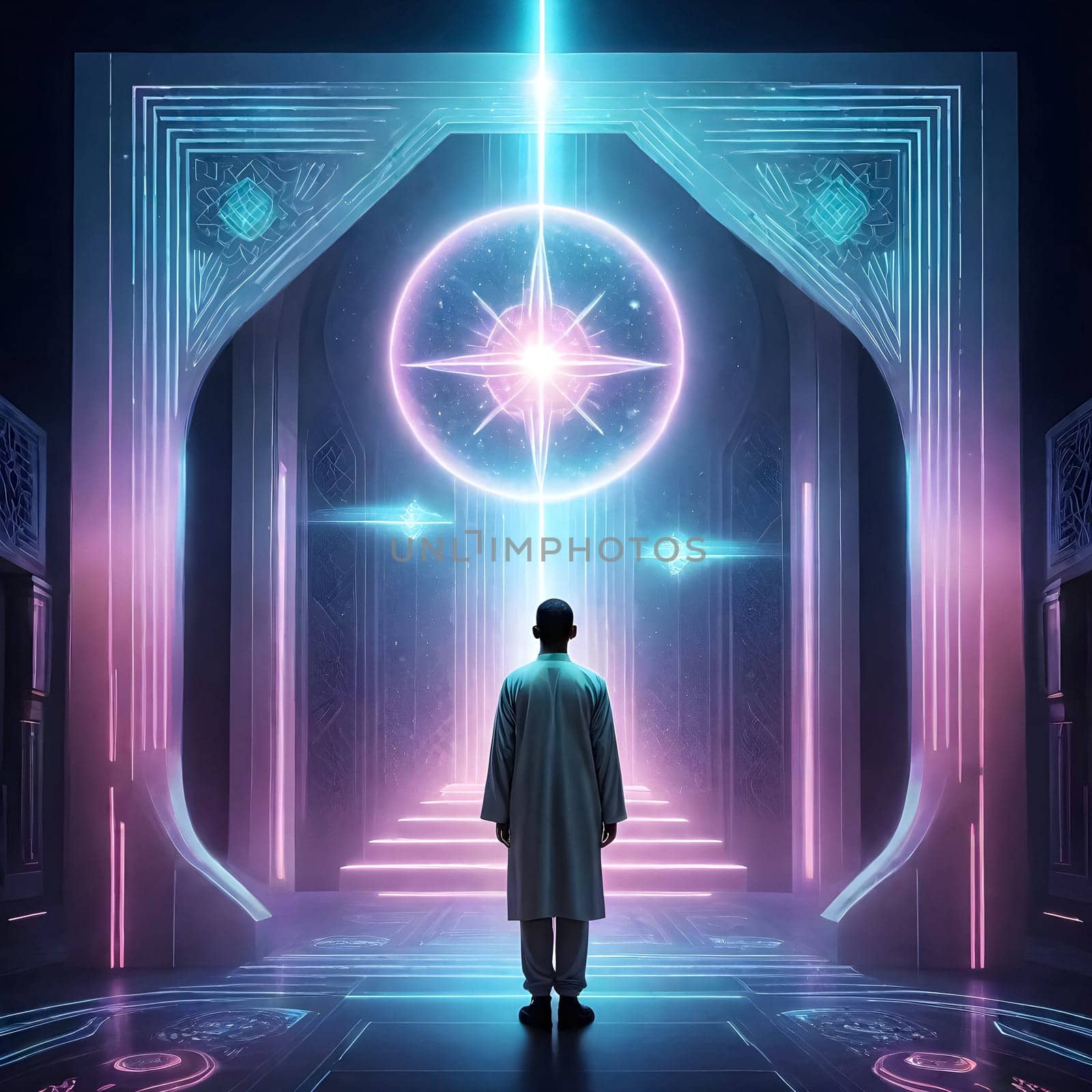 AI generated of a man stands in a dark room with a star on the wall