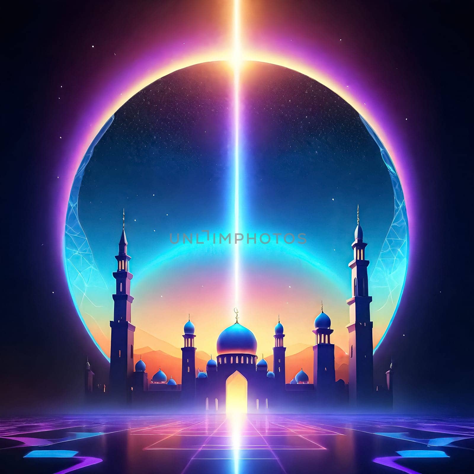 AI generated of a picture of a mosque with a blue moon in the futuristic concept background