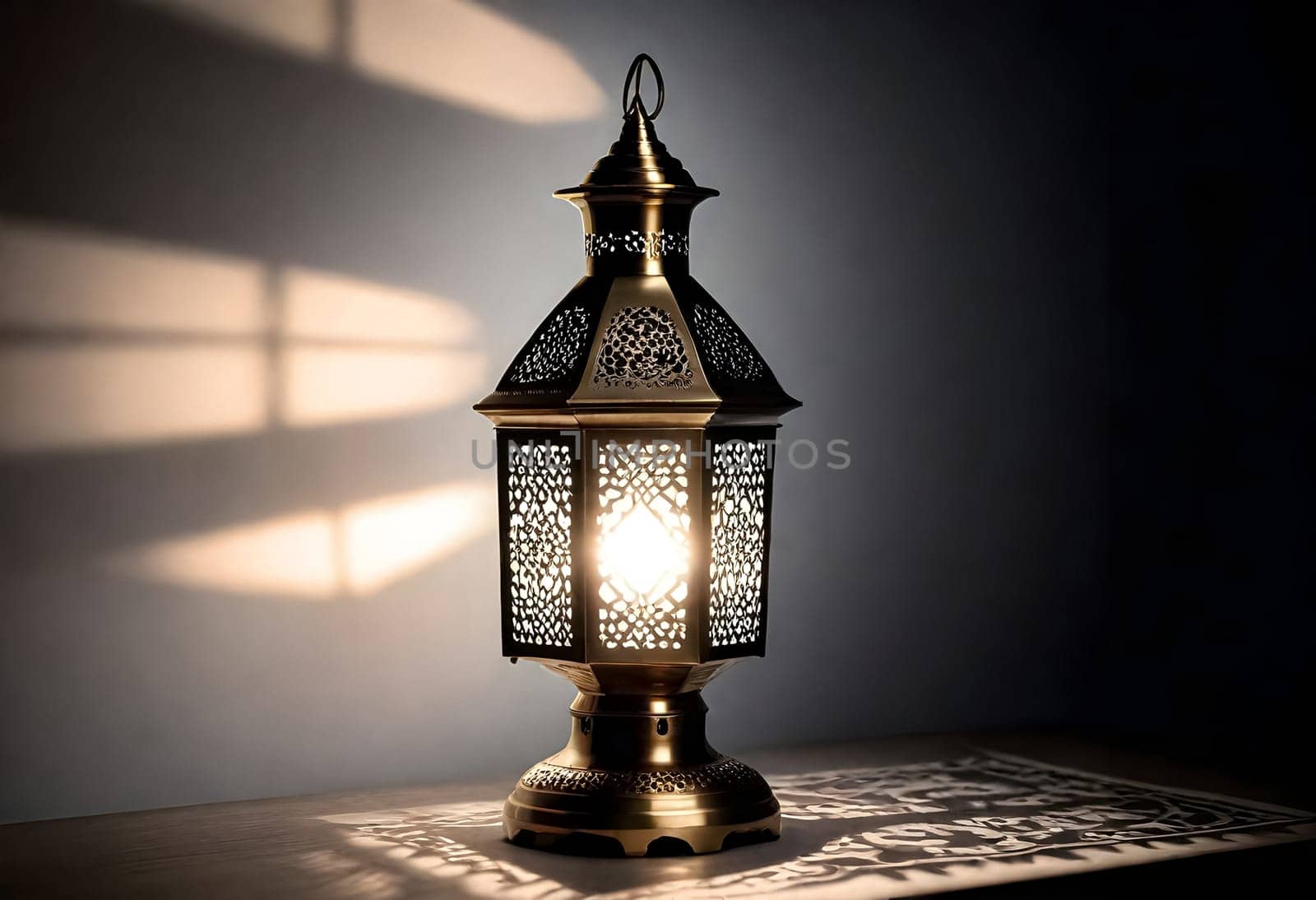 AI generated of a lamp lantern with a light on it and the sun shining through the window