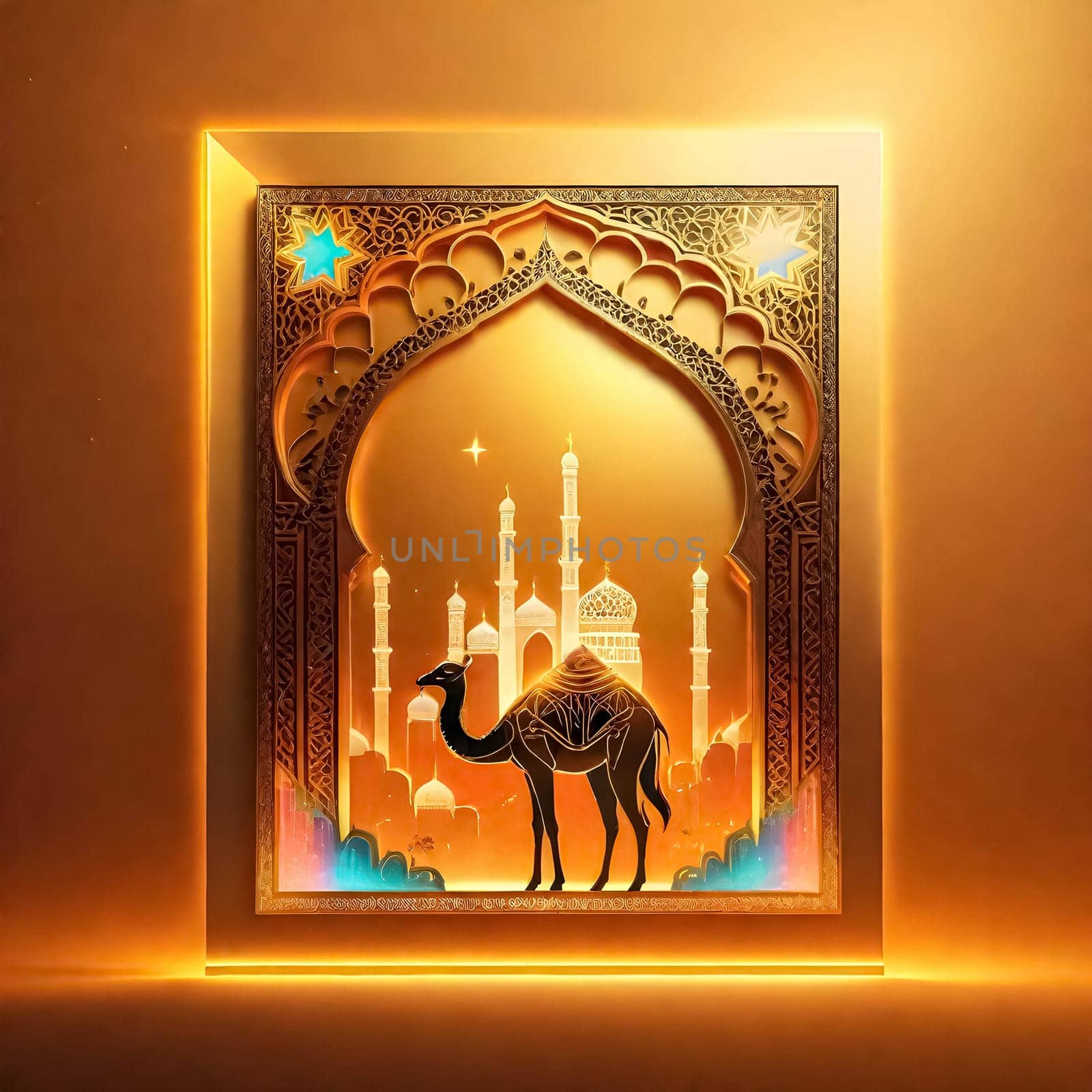 AI generated of a camel is standing in a room with islamic ornaments
